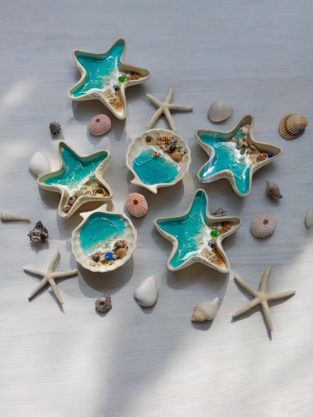 Ocean Resin Starfish Dish – Beach Decor with Real Shells & Sand