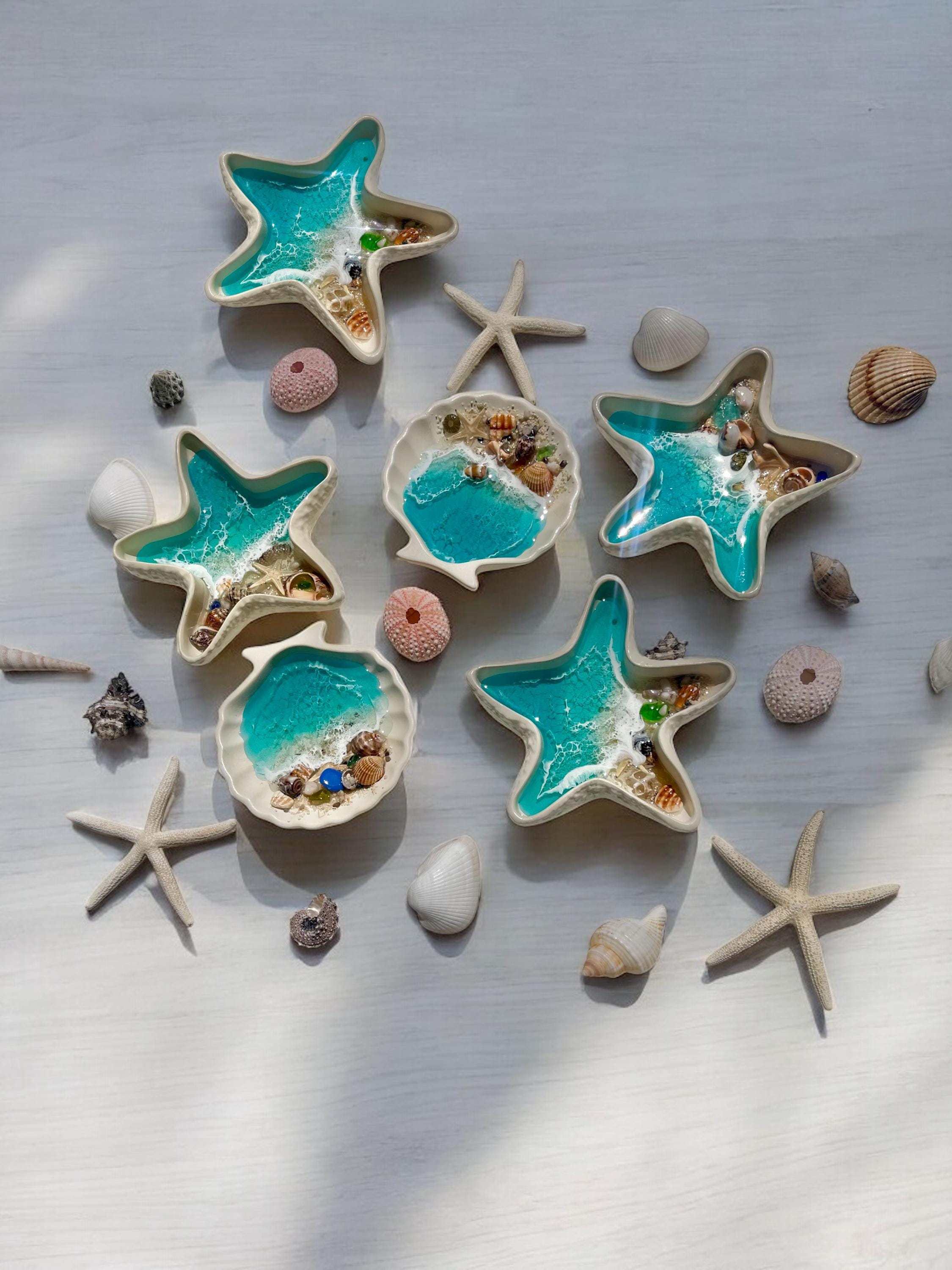 Ocean Resin Starfish Dish – Beach Decor with Real Shells & Sand