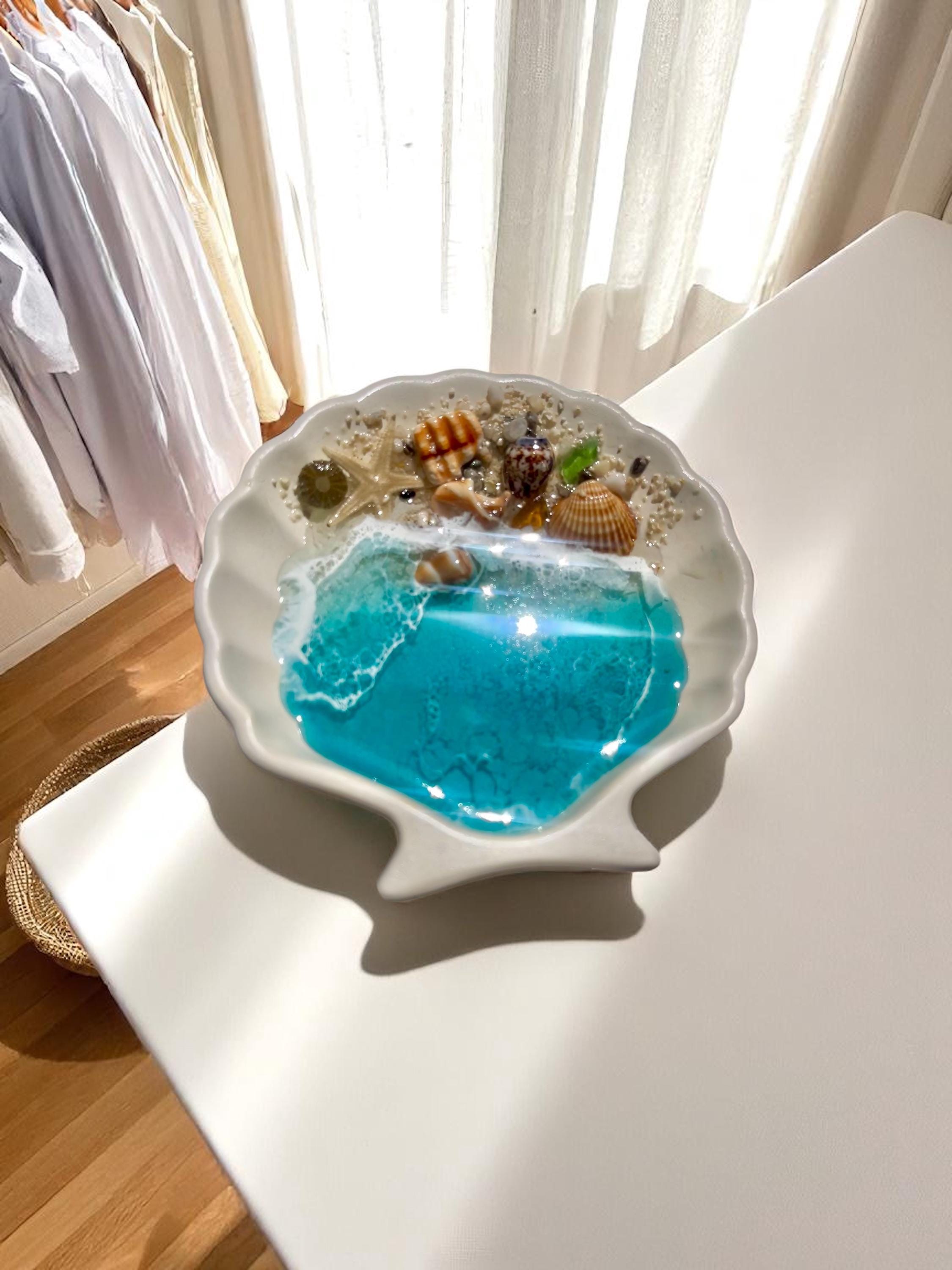 Handmade Resin Ocean Ring Dish | Beach Jewelry Holder | Seashell Trinket Dish | 10 cm / 4 inch