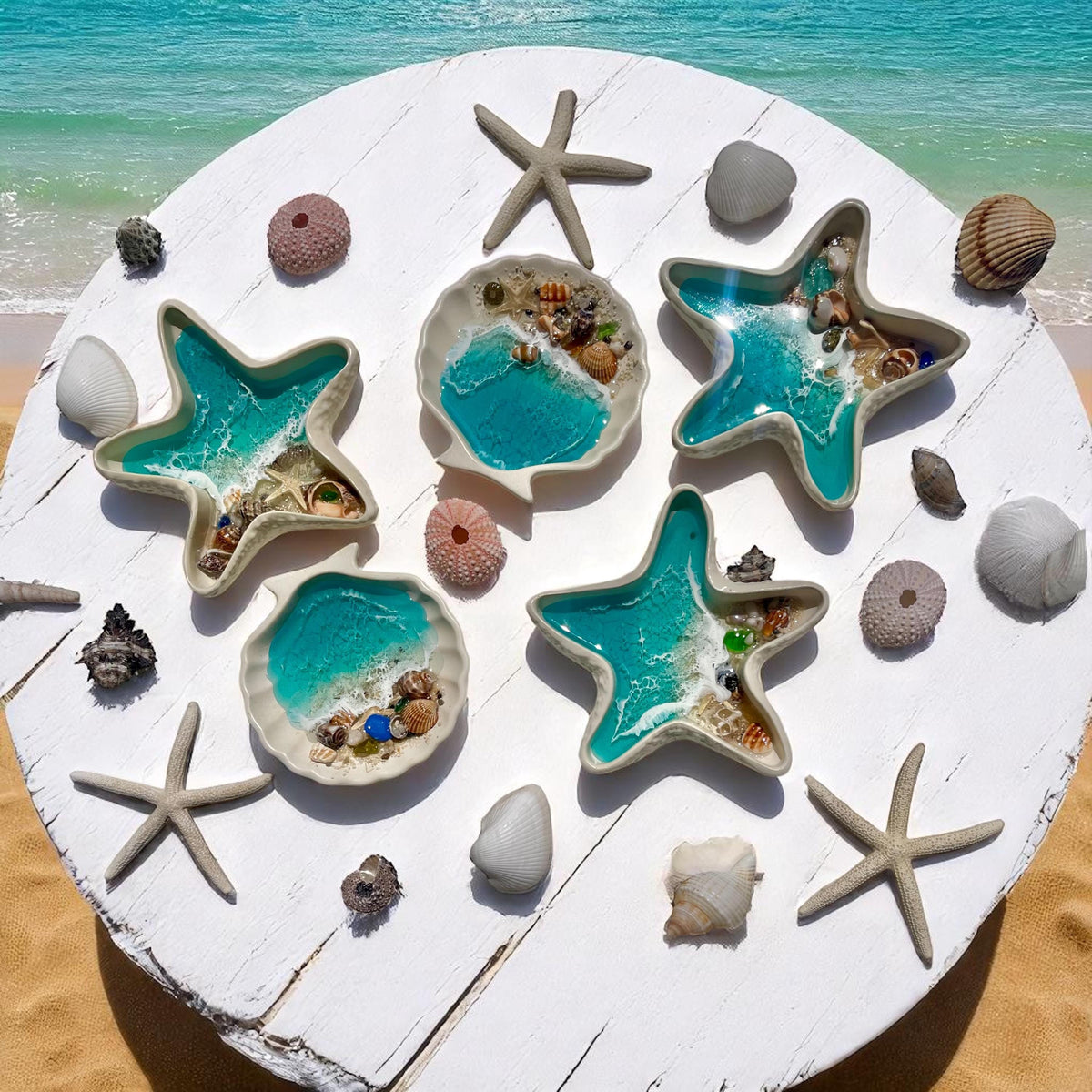 Handmade Resin Ocean Ring Dish | Beach Jewelry Holder | Seashell Trinket Dish | 10 cm / 4 inch
