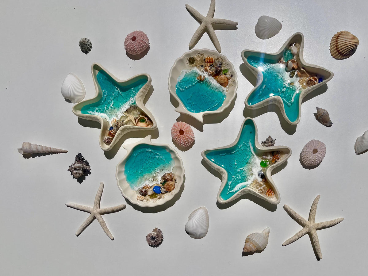 Handmade Resin Ocean Ring Dish | Beach Jewelry Holder | Seashell Trinket Dish | 10 cm / 4 inch