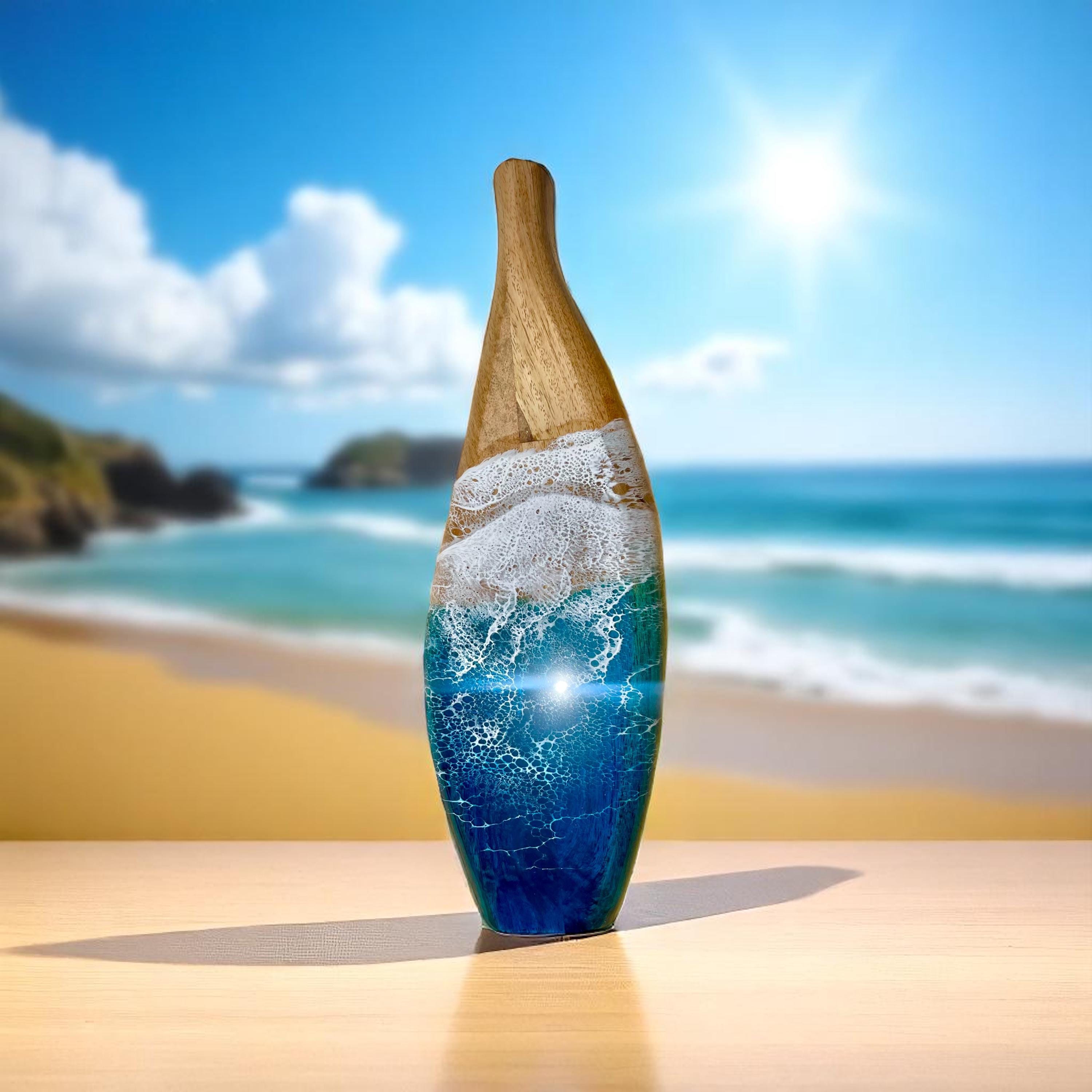 Wooden Vase with Resin Ocean Wave – Handmade Coastal Home Decor
