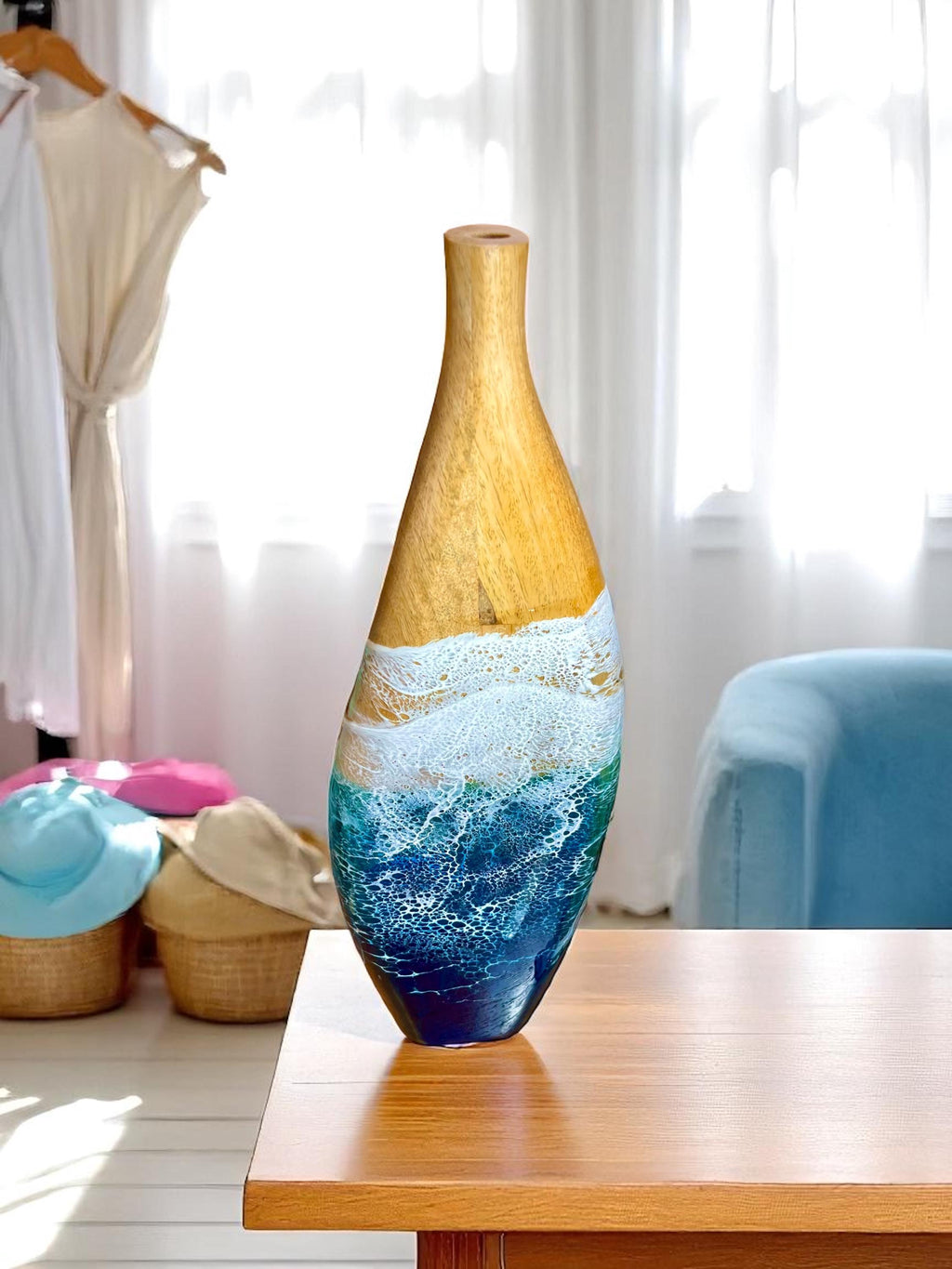 Wooden Vase with Resin Ocean Wave – Handmade Coastal Home Decor