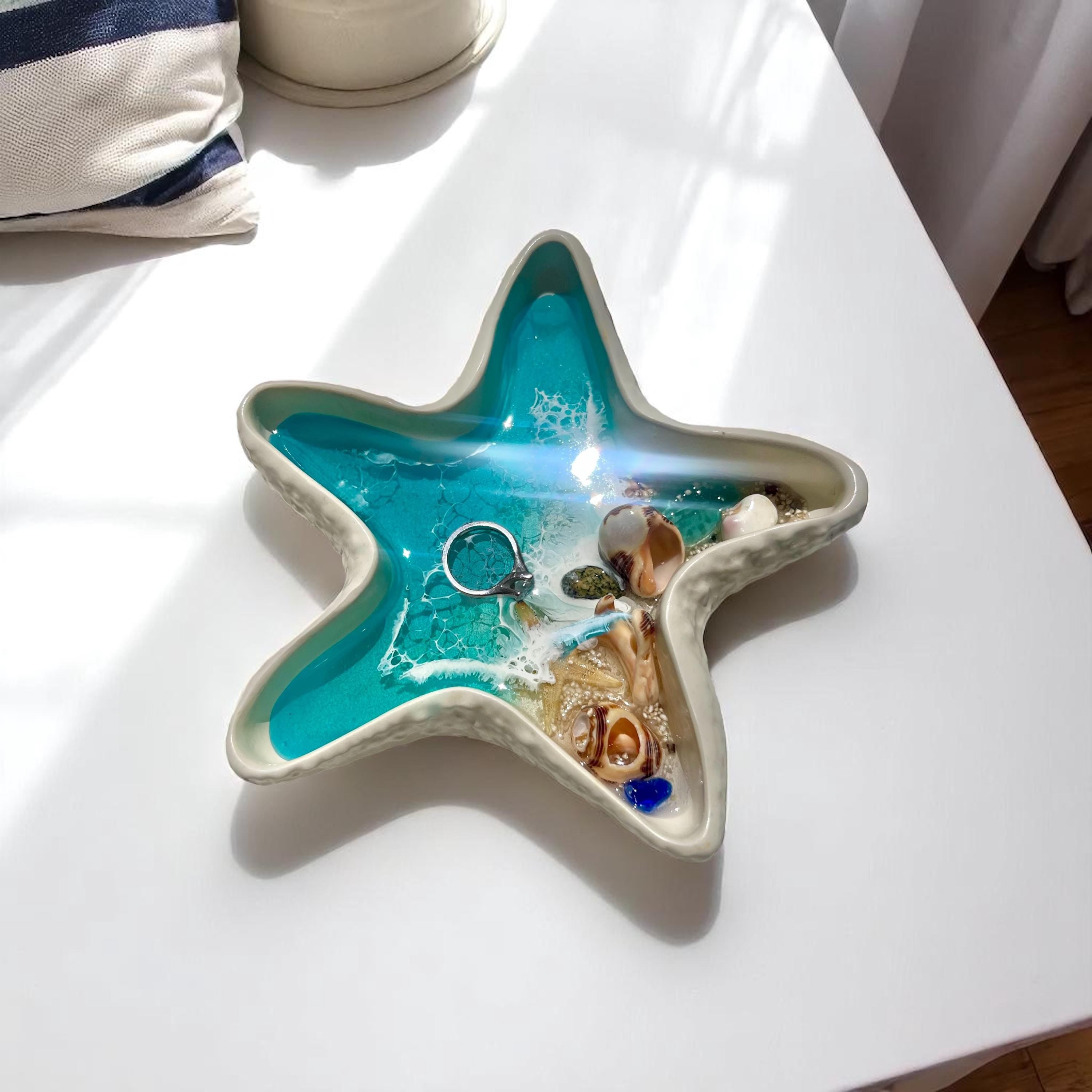 Ocean Resin Starfish Dish – Beach Decor with Real Shells & Sand