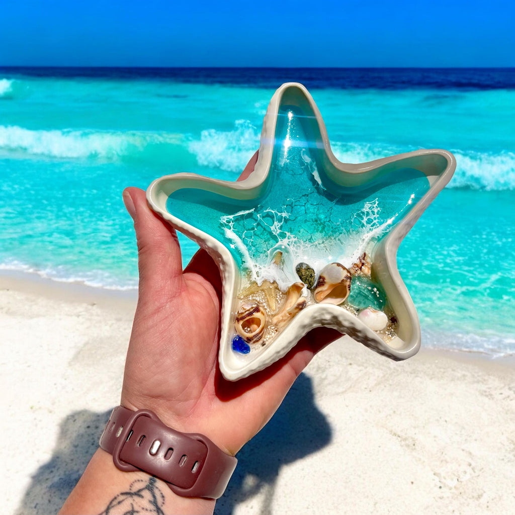 Ocean Resin Starfish Dish – Beach Decor with Real Shells & Sand