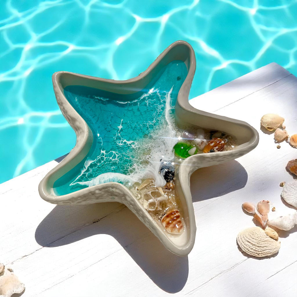 Ocean Resin Starfish Dish – Beach Decor with Real Shells & Sand