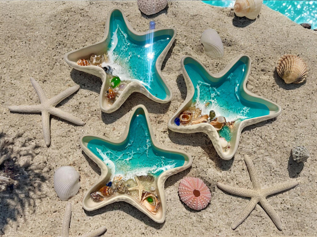 Ocean Resin Starfish Dish – Beach Decor with Real Shells & Sand
