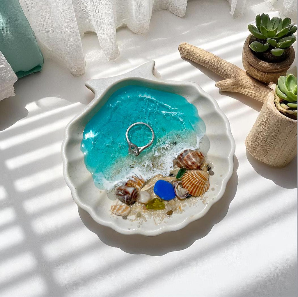 Handmade Resin Ocean Ring Dish | Beach Jewelry Holder | Seashell Trinket Dish | 10 cm / 4 inch