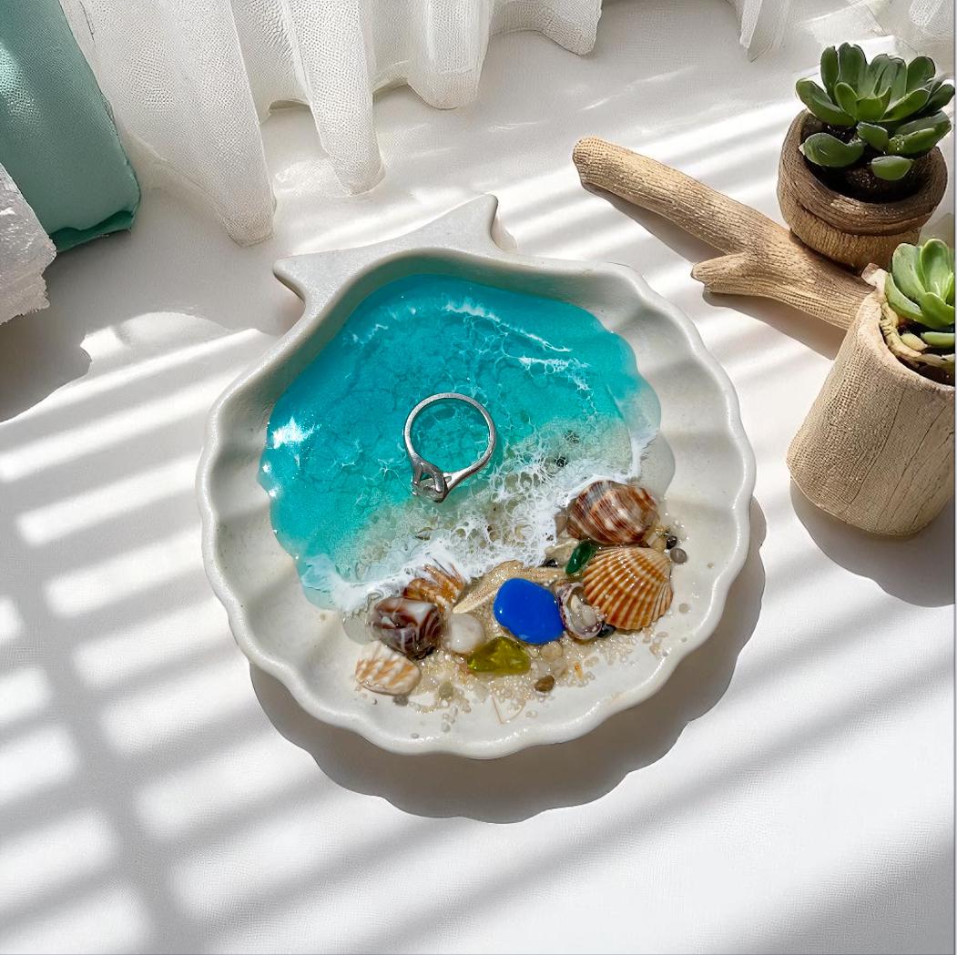 Handmade Resin Ocean Ring Dish | Beach Jewelry Holder | Seashell Trinket Dish | 10 cm / 4 inch