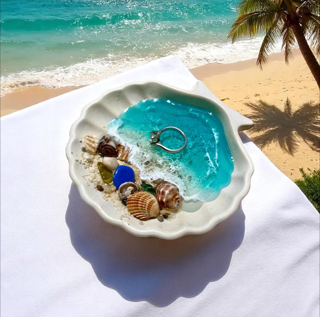 Handmade Resin Ocean Ring Dish | Beach Jewelry Holder | Seashell Trinket Dish | 10 cm / 4 inch
