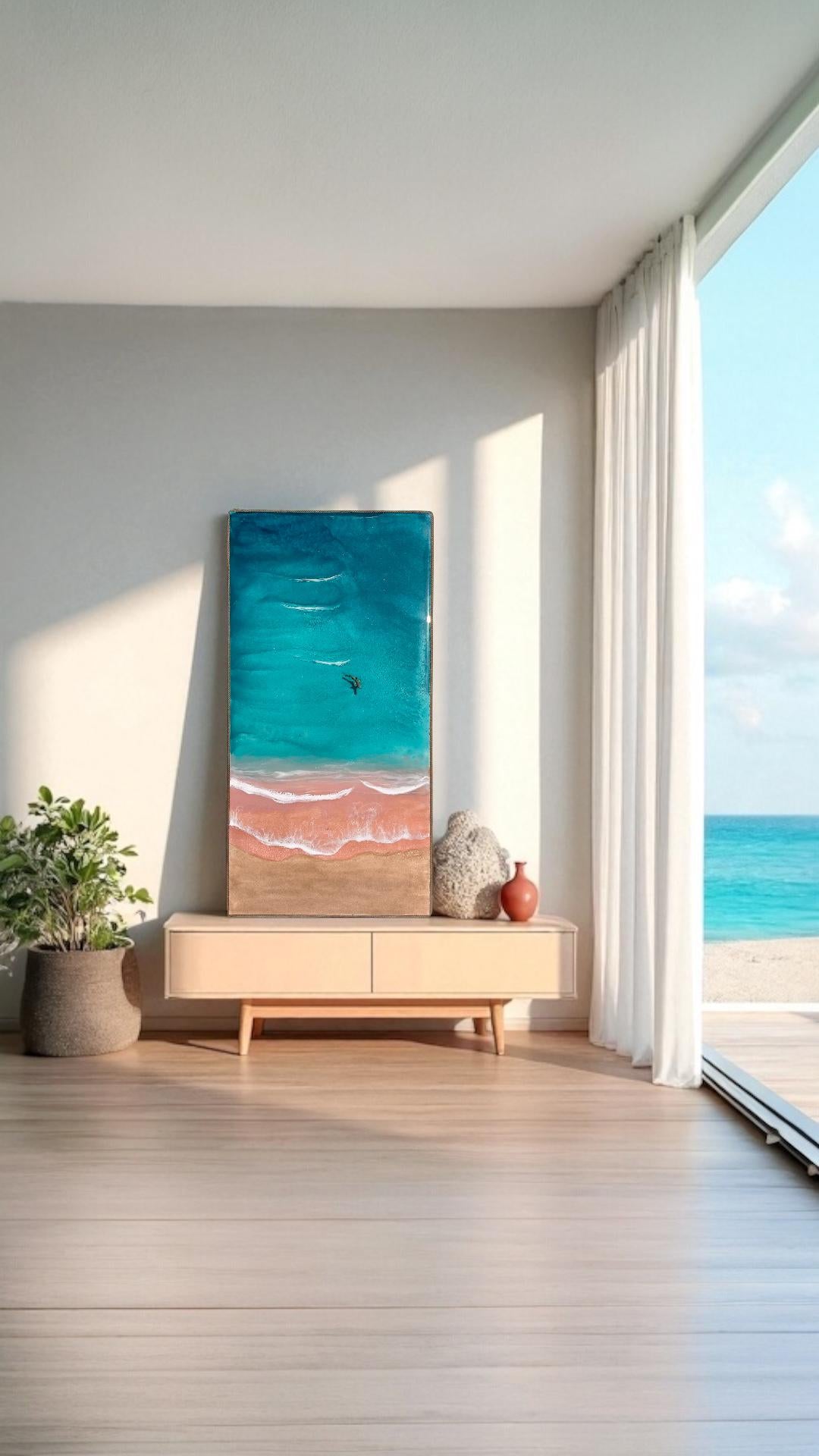 Pink Beach Resin Art: Komodo Island Coastal Decor with Shark