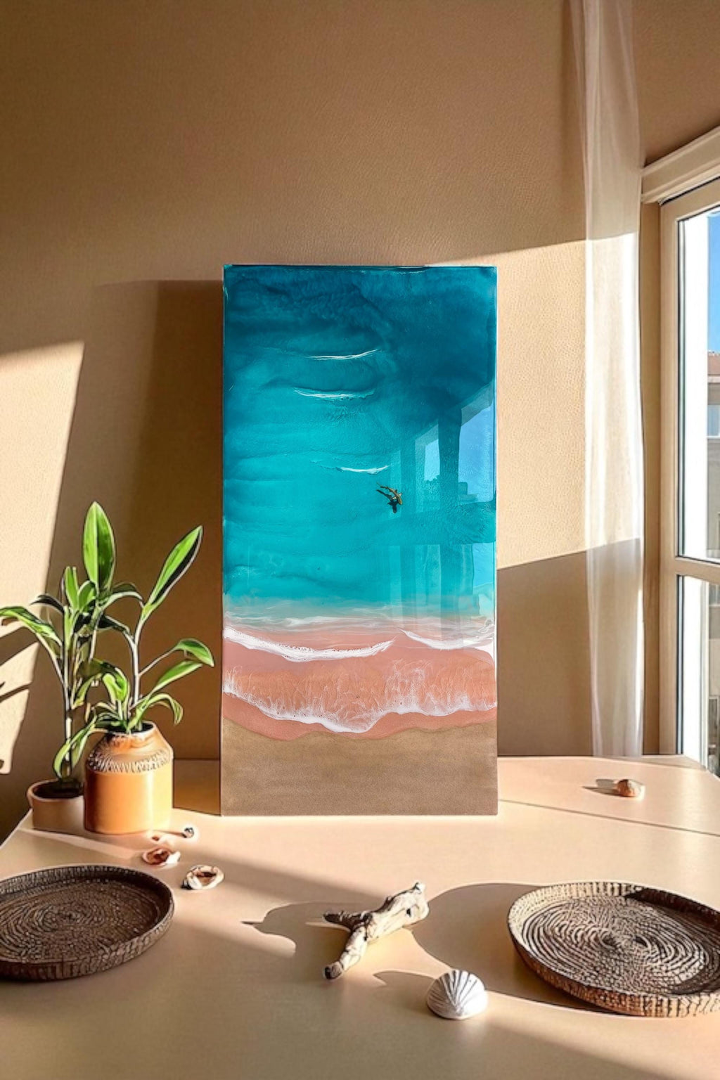 Pink Beach Resin Art: Komodo Island Coastal Decor with Shark