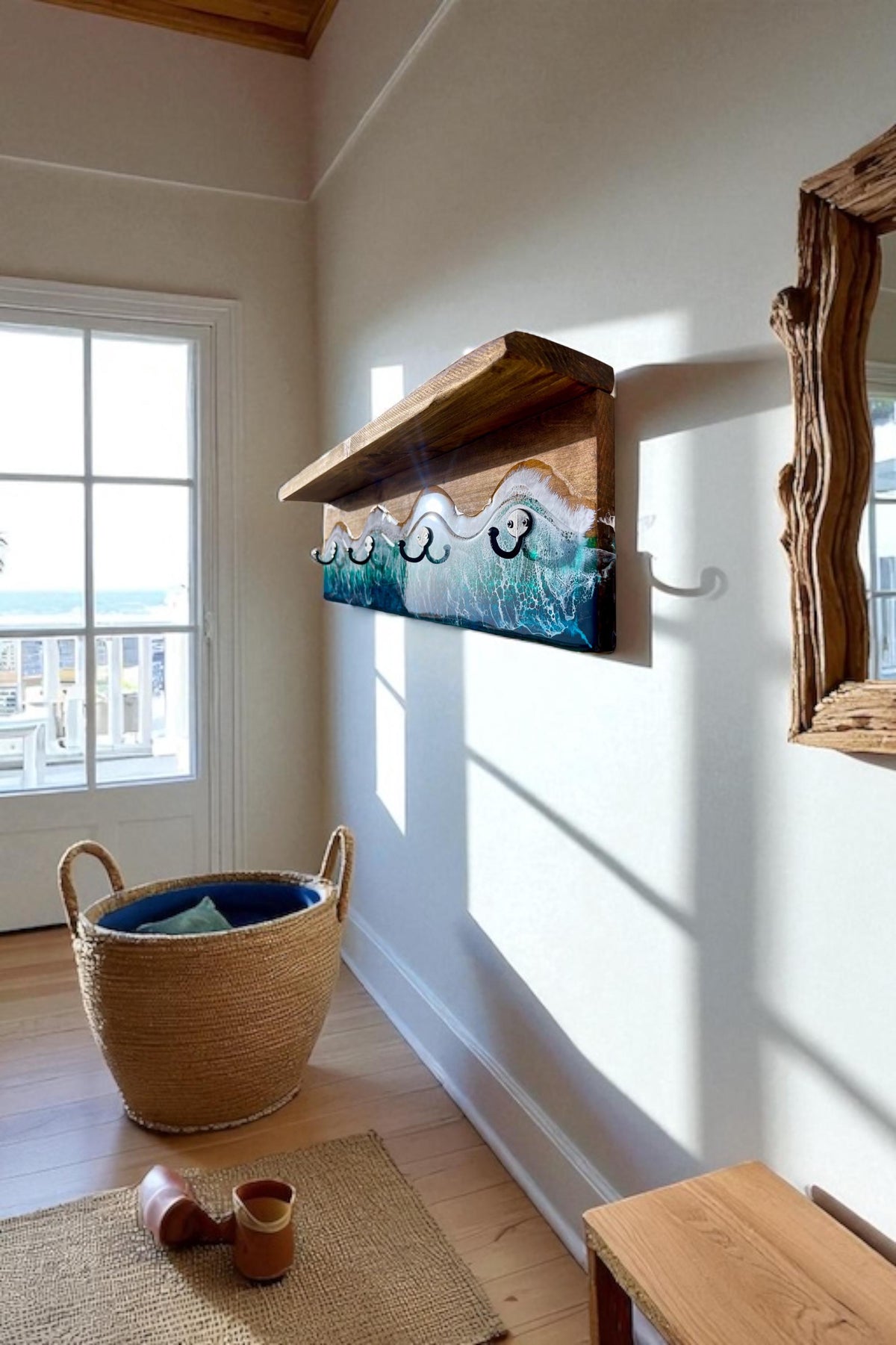 Handmade Resin Coat Rack – Coastal Wall Hook Rack with 3, 4 or 5 Hooks | Ocean-Inspired Entryway Organizer | Functional Resin Art