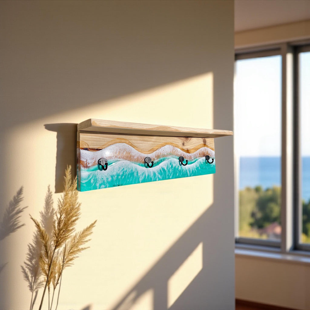 Handmade Resin Coat Rack – Coastal Wall Hook Rack with 3, 4 or 5 Hooks | Ocean-Inspired Entryway Organizer | Functional Resin Art
