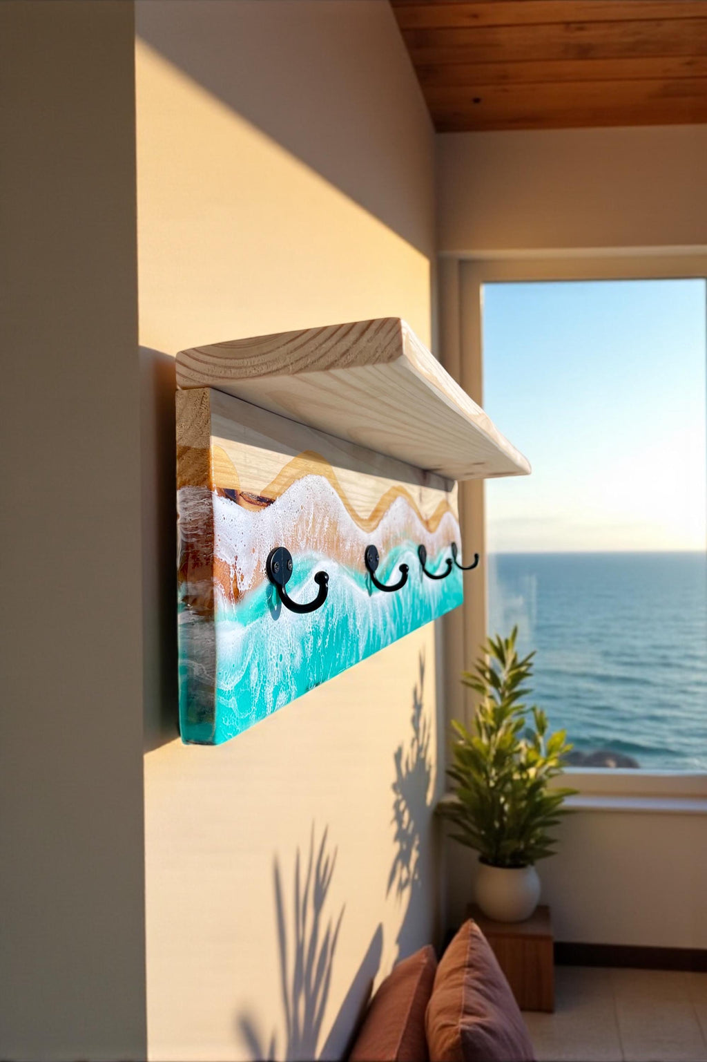 Handmade Resin Coat Rack – Coastal Wall Hook Rack with 3, 4 or 5 Hooks | Ocean-Inspired Entryway Organizer | Functional Resin Art