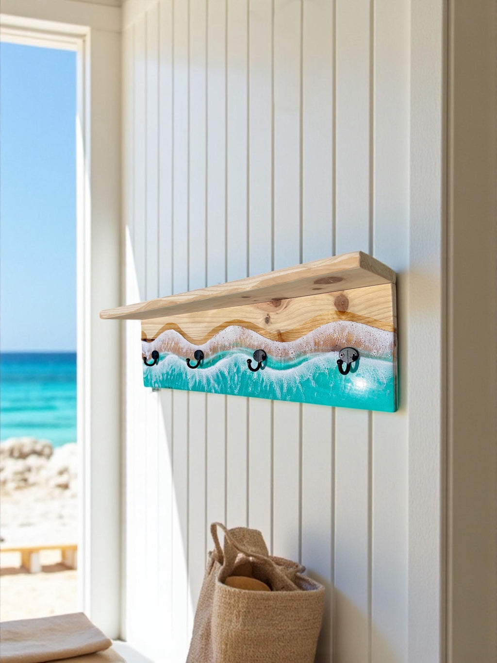Handmade Resin Coat Rack – Coastal Wall Hook Rack with 3, 4 or 5 Hooks | Ocean-Inspired Entryway Organizer | Functional Resin Art