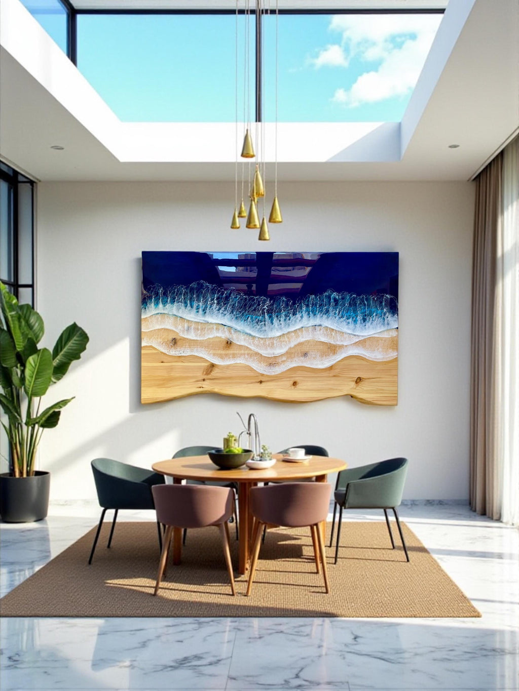 Ocean Resin Wall Art: Live Edge Pine Wood, Deep Blue Waves