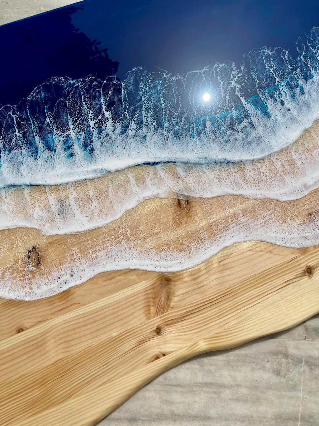 Ocean Resin Wall Art: Live Edge Pine Wood, Deep Blue Waves