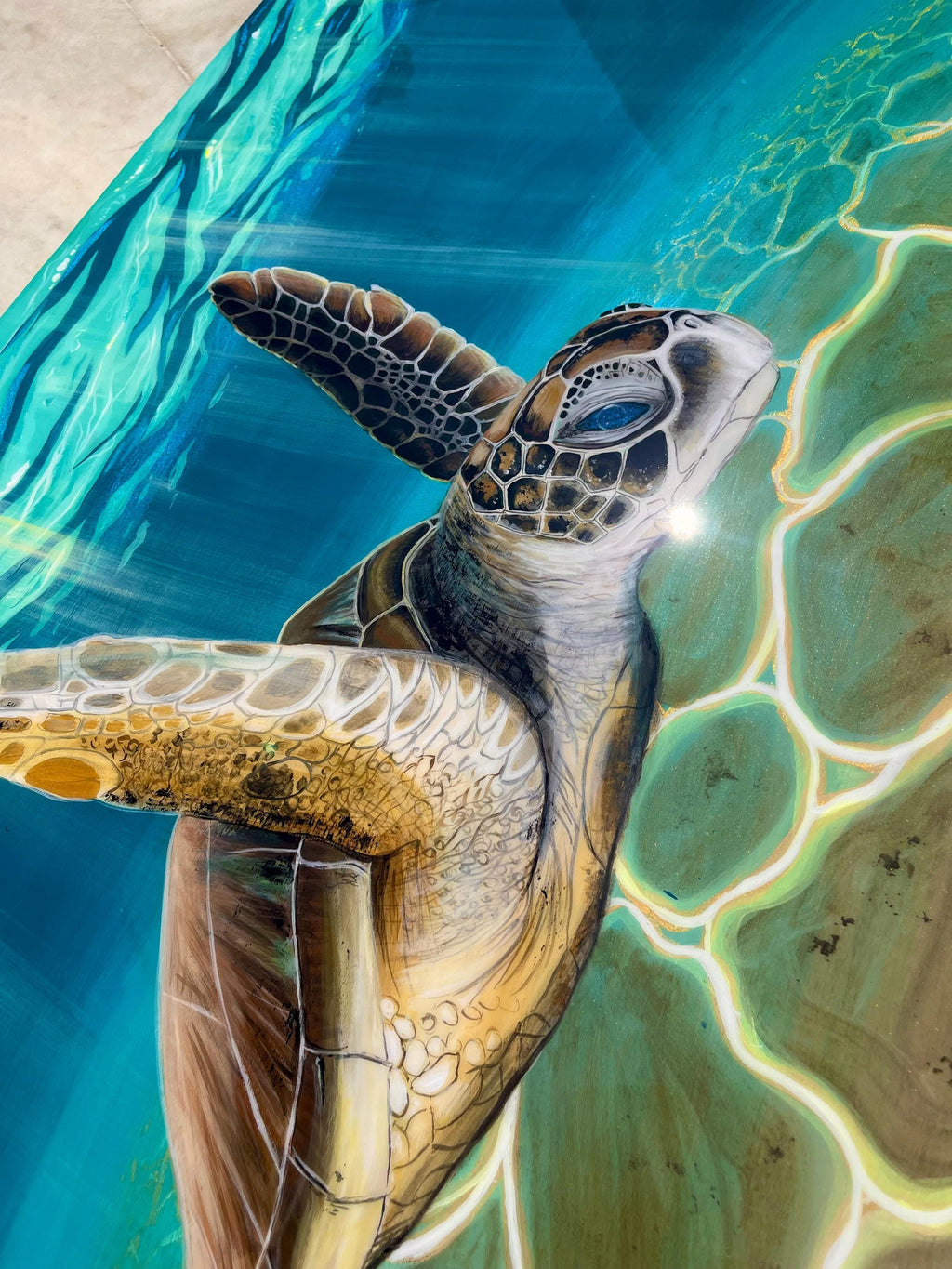 Ready to Ship Original Ocean Artwork, Resin Ocean Turtle Art: Handmade Underwater Sea Turtle Painting on Wood (120x60 cm)