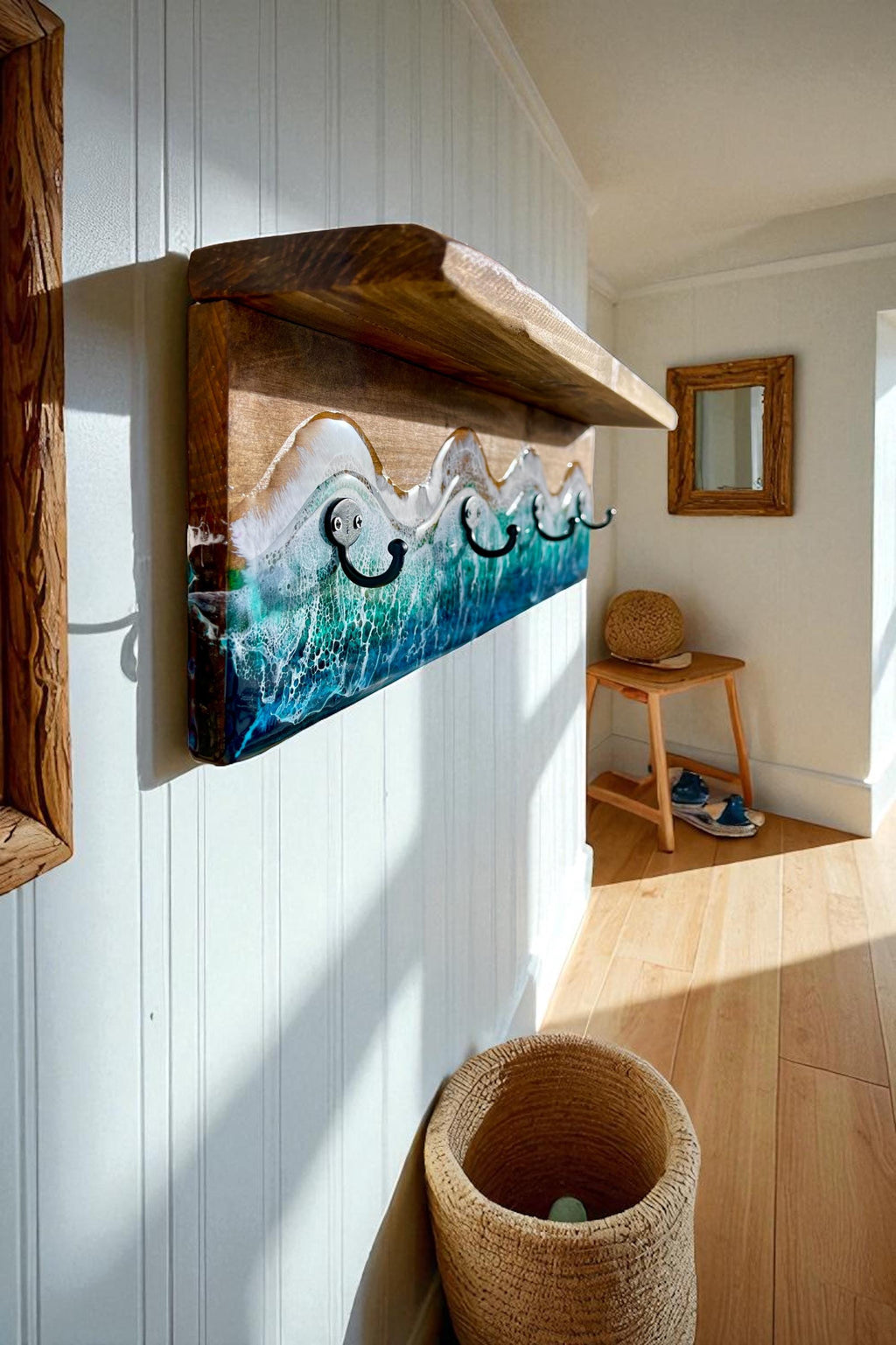 Handmade Resin Coat Rack – Coastal Wall Hook Rack with 3, 4 or 5 Hooks | Ocean-Inspired Entryway Organizer | Functional Resin Art