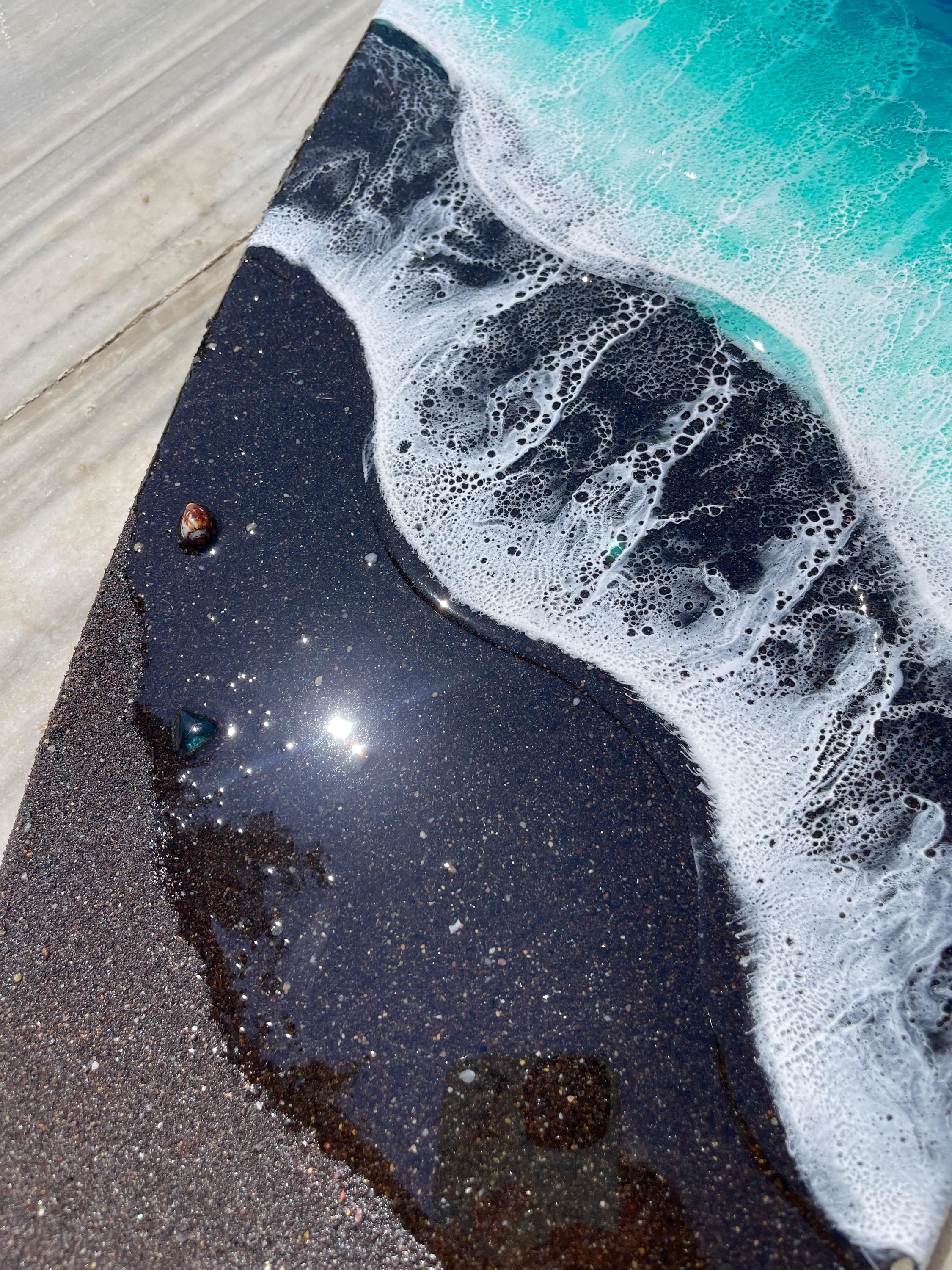Black Sand Ocean Wave Resin Surfboard Wall Art: Coastal Surf Decor