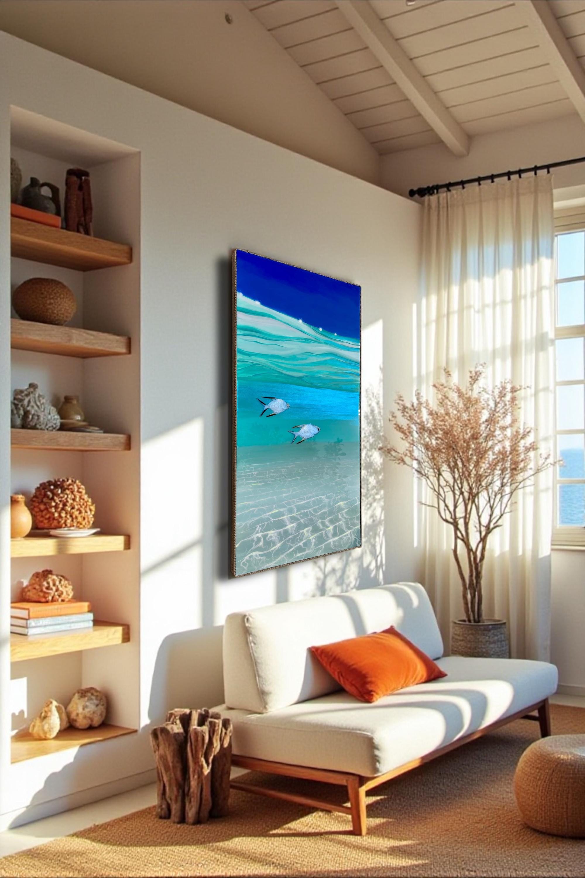 Resin Ocean Painting: Tropical Fish Coastal Wall Art with Rope Frame, Ready To Ship