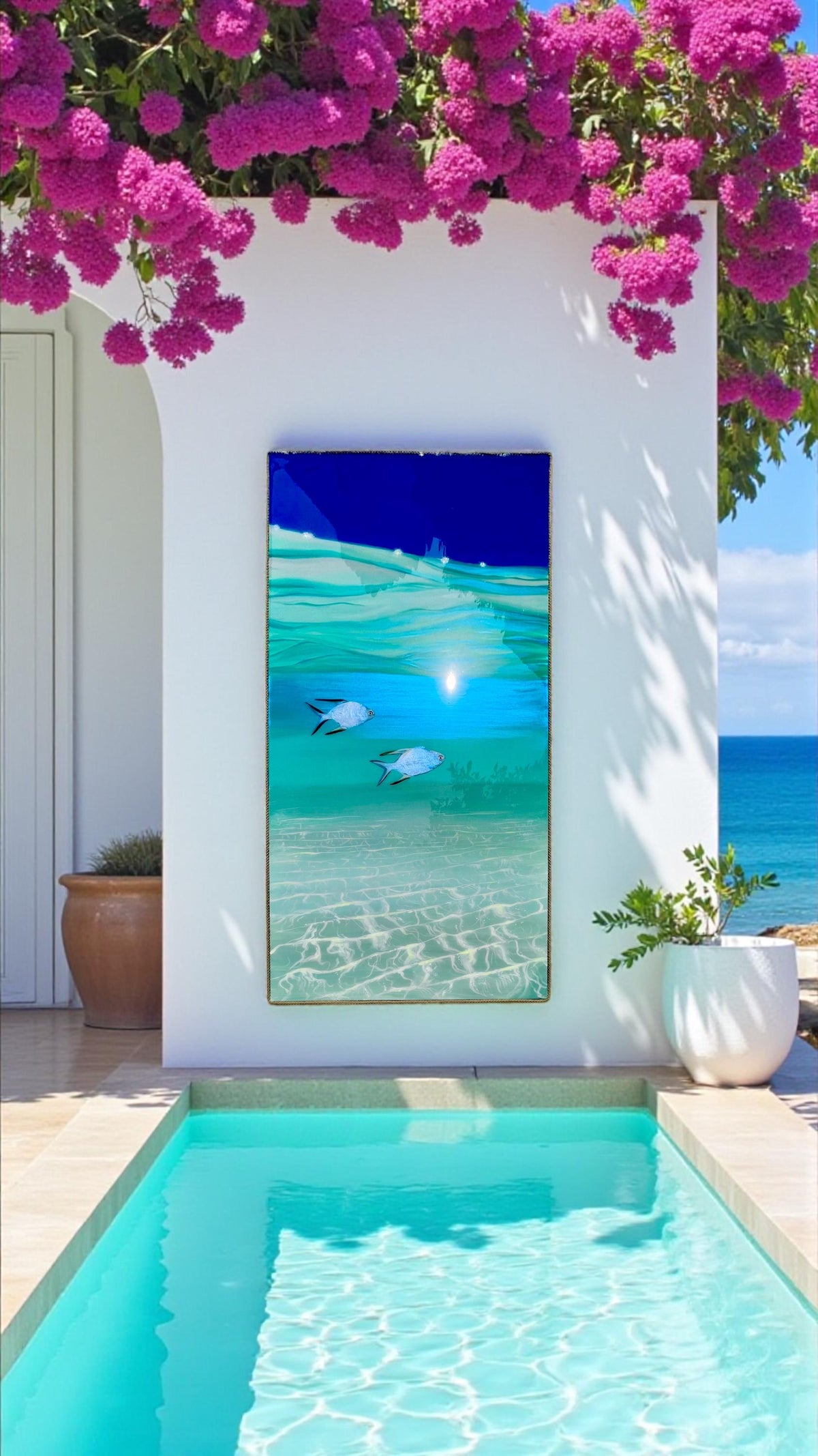 Resin Ocean Painting: Tropical Fish Coastal Wall Art with Rope Frame, Ready To Ship