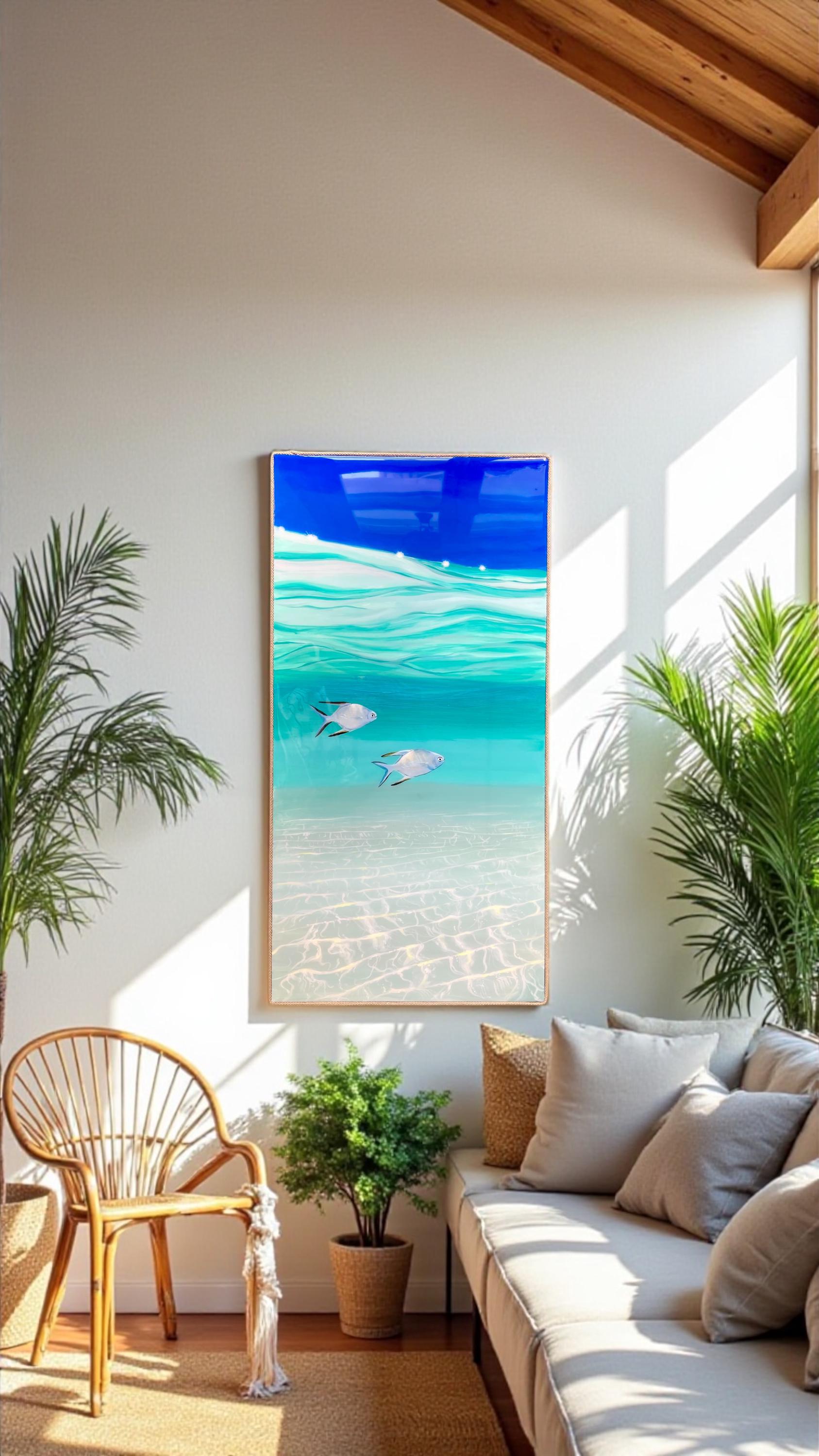 Resin Ocean Painting: Tropical Fish Coastal Wall Art with Rope Frame, Ready To Ship
