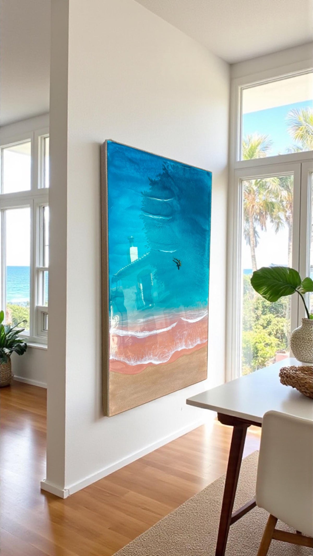 Pink Beach Resin Art: Komodo Island Coastal Decor with Shark
