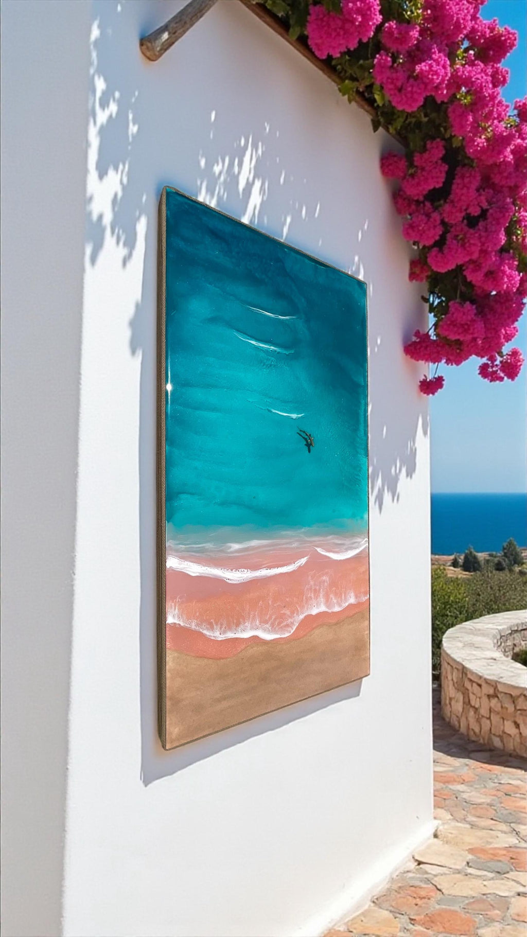 Pink Beach Resin Art: Komodo Island Coastal Decor with Shark