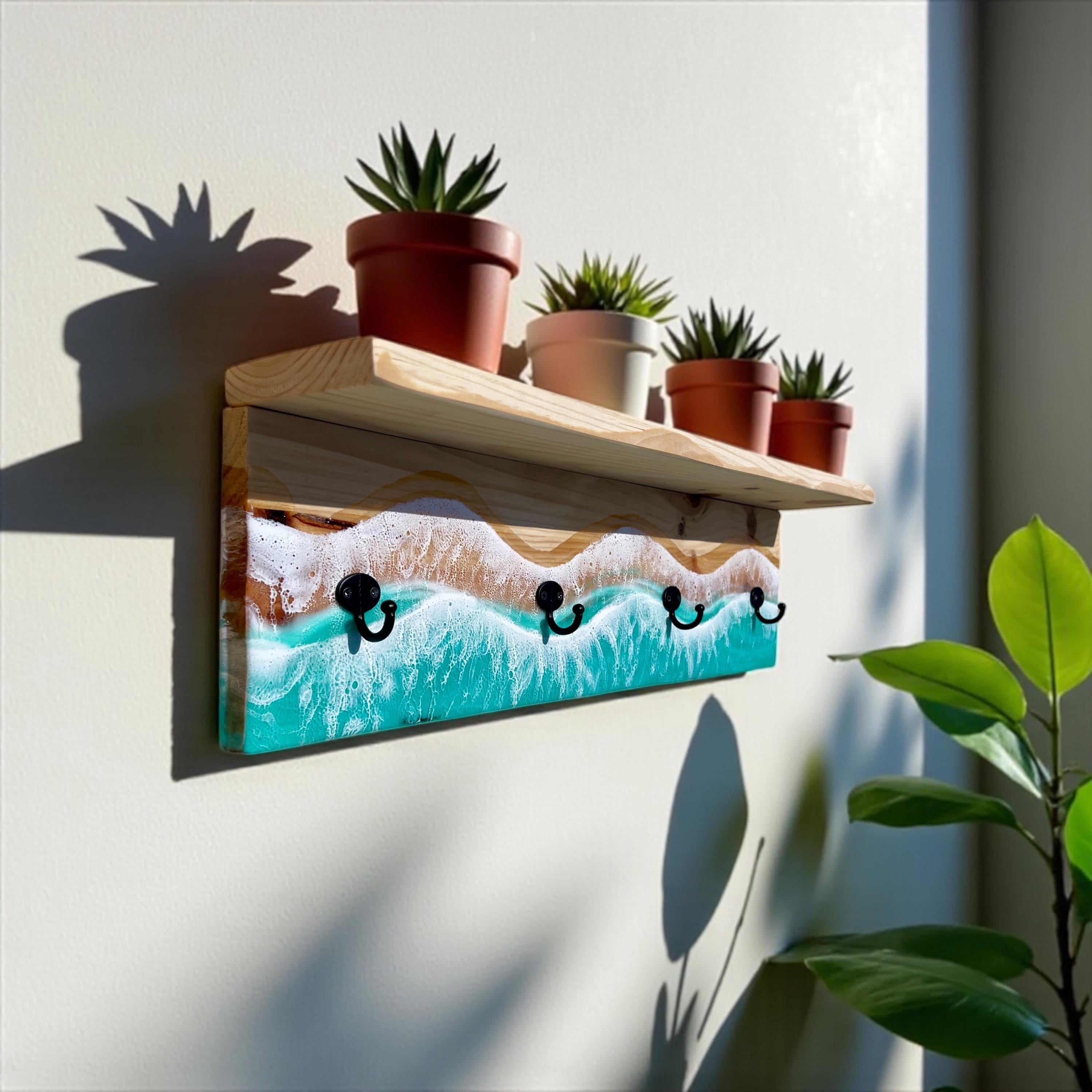 Handmade Resin Coat Rack – Coastal Wall Hook Rack with 3, 4 or 5 Hooks | Ocean-Inspired Entryway Organizer | Functional Resin Art