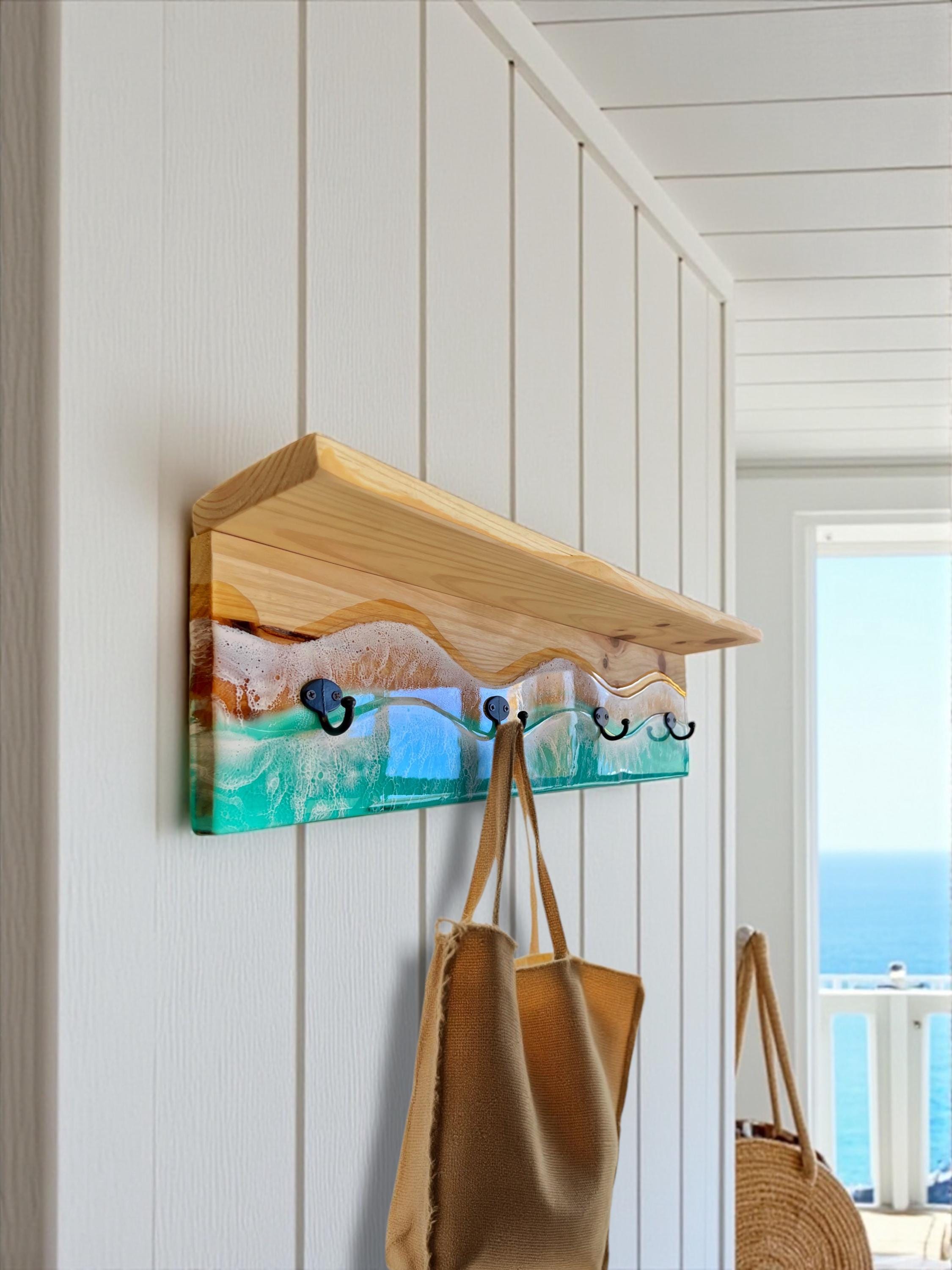 Handmade Resin Coat Rack – Coastal Wall Hook Rack with 3, 4 or 5 Hooks | Ocean-Inspired Entryway Organizer | Functional Resin Art