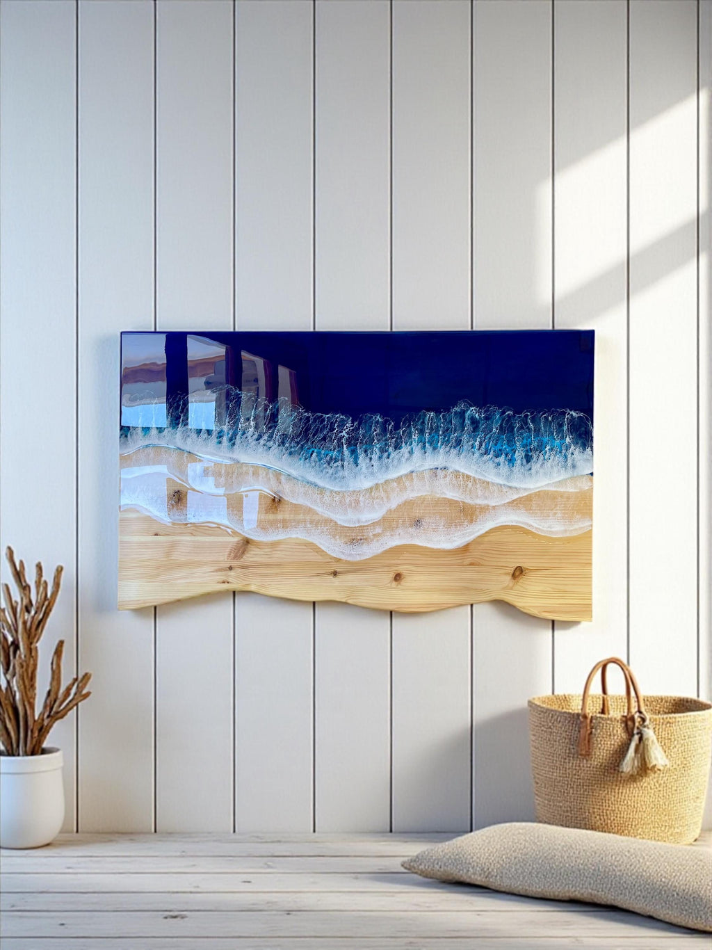 Ocean Resin Wall Art: Live Edge Pine Wood, Deep Blue Waves