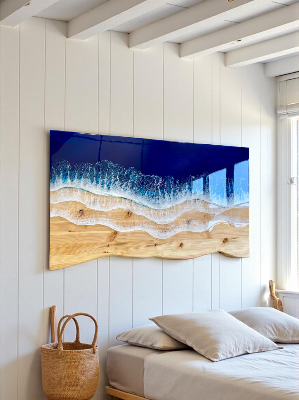 Ocean Resin Wall Art: Live Edge Pine Wood, Deep Blue Waves