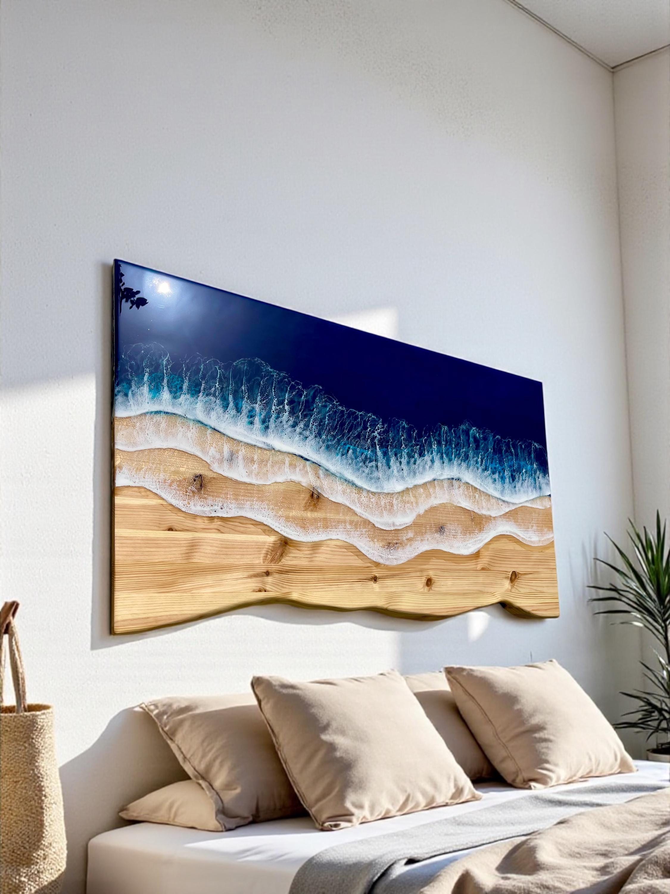 Ocean Resin Wall Art: Live Edge Pine Wood, Deep Blue Waves