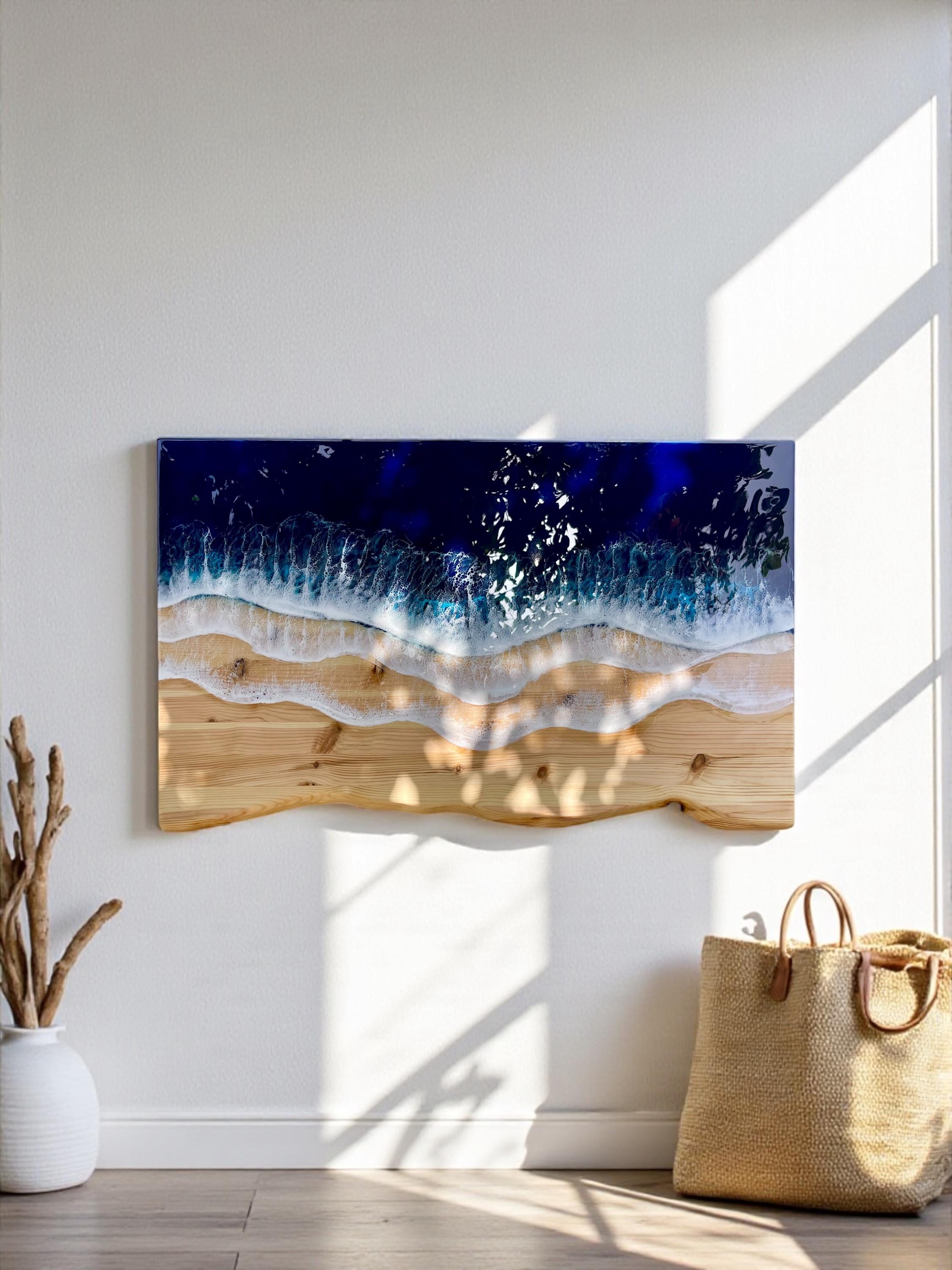 Ocean Resin Wall Art: Live Edge Pine Wood, Deep Blue Waves