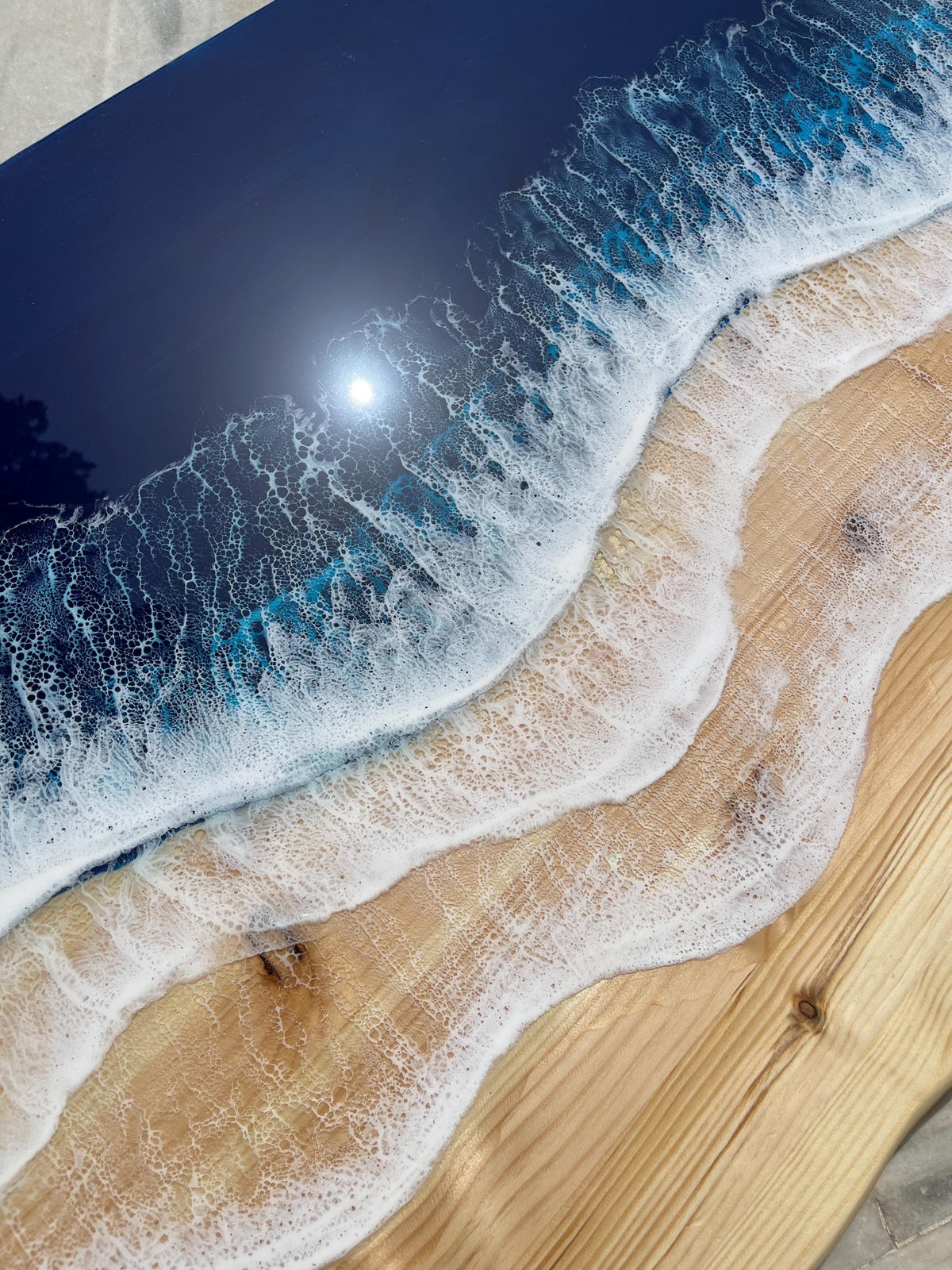 Ocean Resin Wall Art: Live Edge Pine Wood, Deep Blue Waves