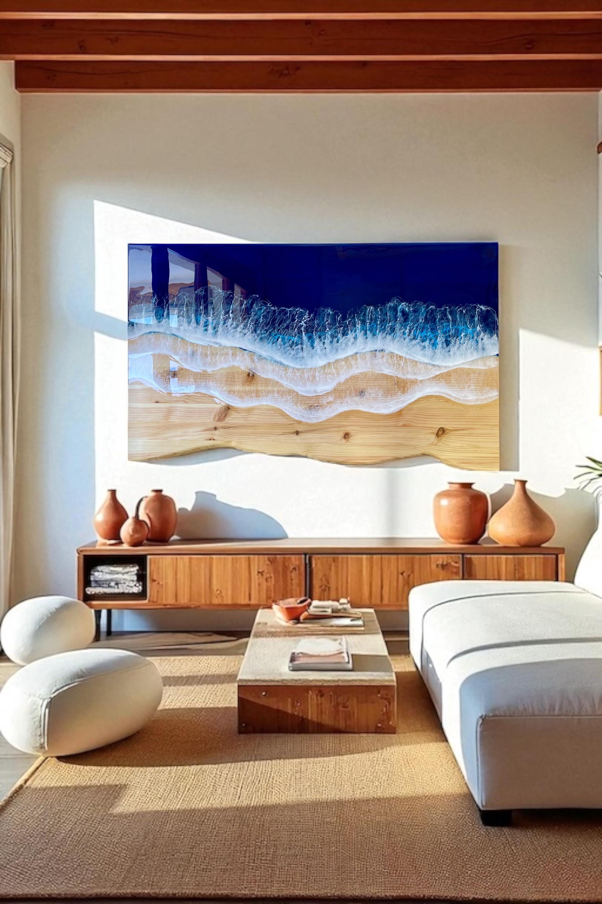 Ocean Resin Wall Art: Live Edge Pine Wood, Deep Blue Waves