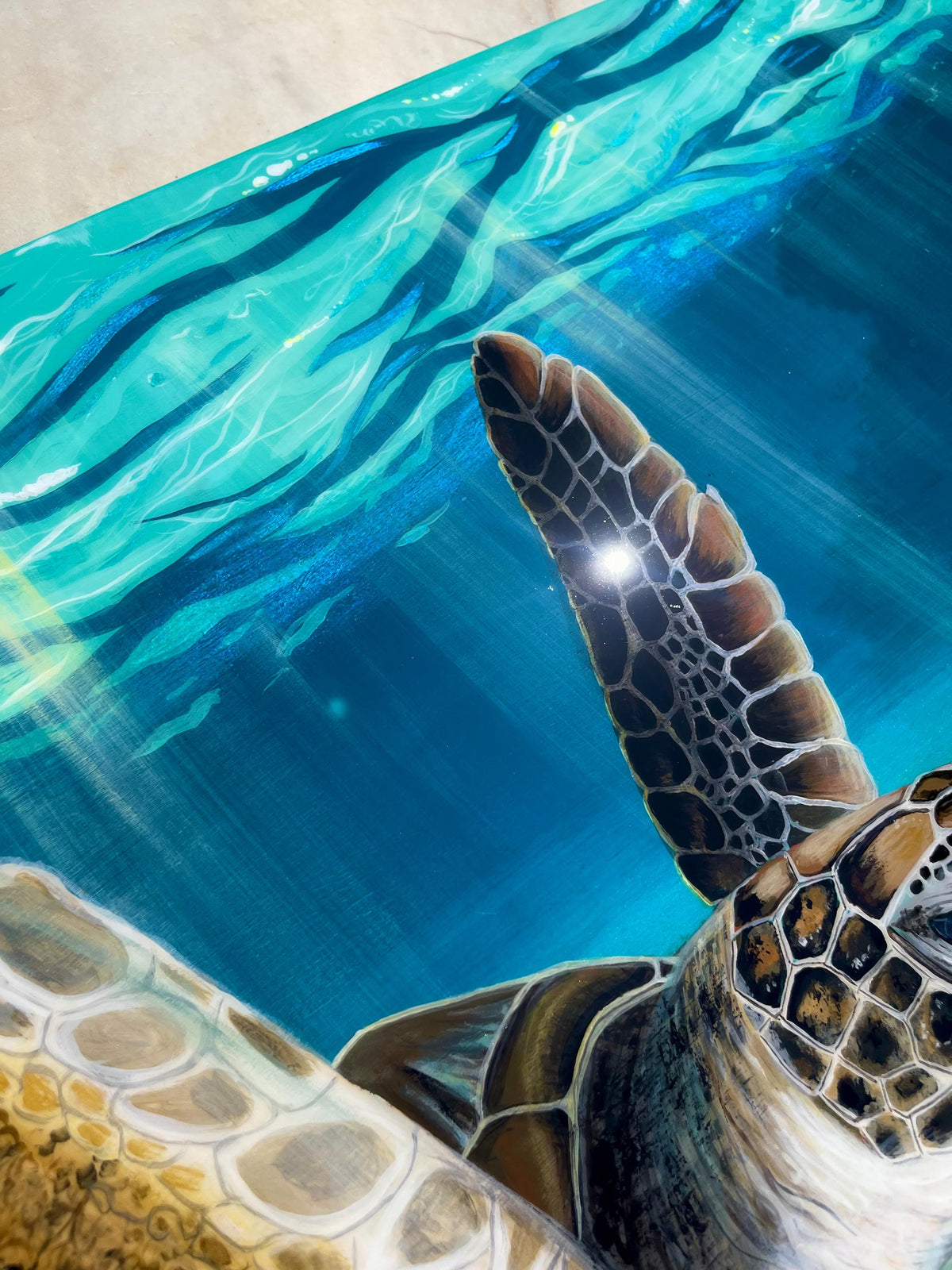 Ready to Ship Original Ocean Artwork, Resin Ocean Turtle Art: Handmade Underwater Sea Turtle Painting on Wood (120x60 cm)