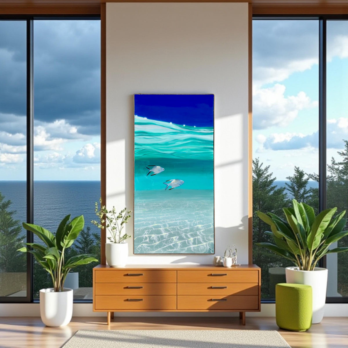 Resin Ocean Painting: Tropical Fish Coastal Wall Art with Rope Frame, Ready To Ship