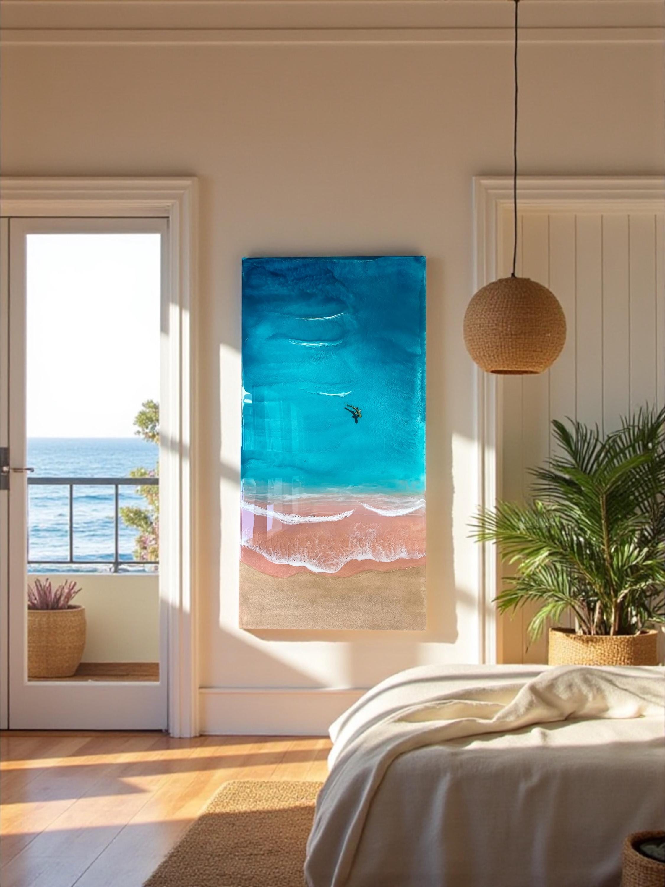 Pink Beach Resin Art: Komodo Island Coastal Decor with Shark