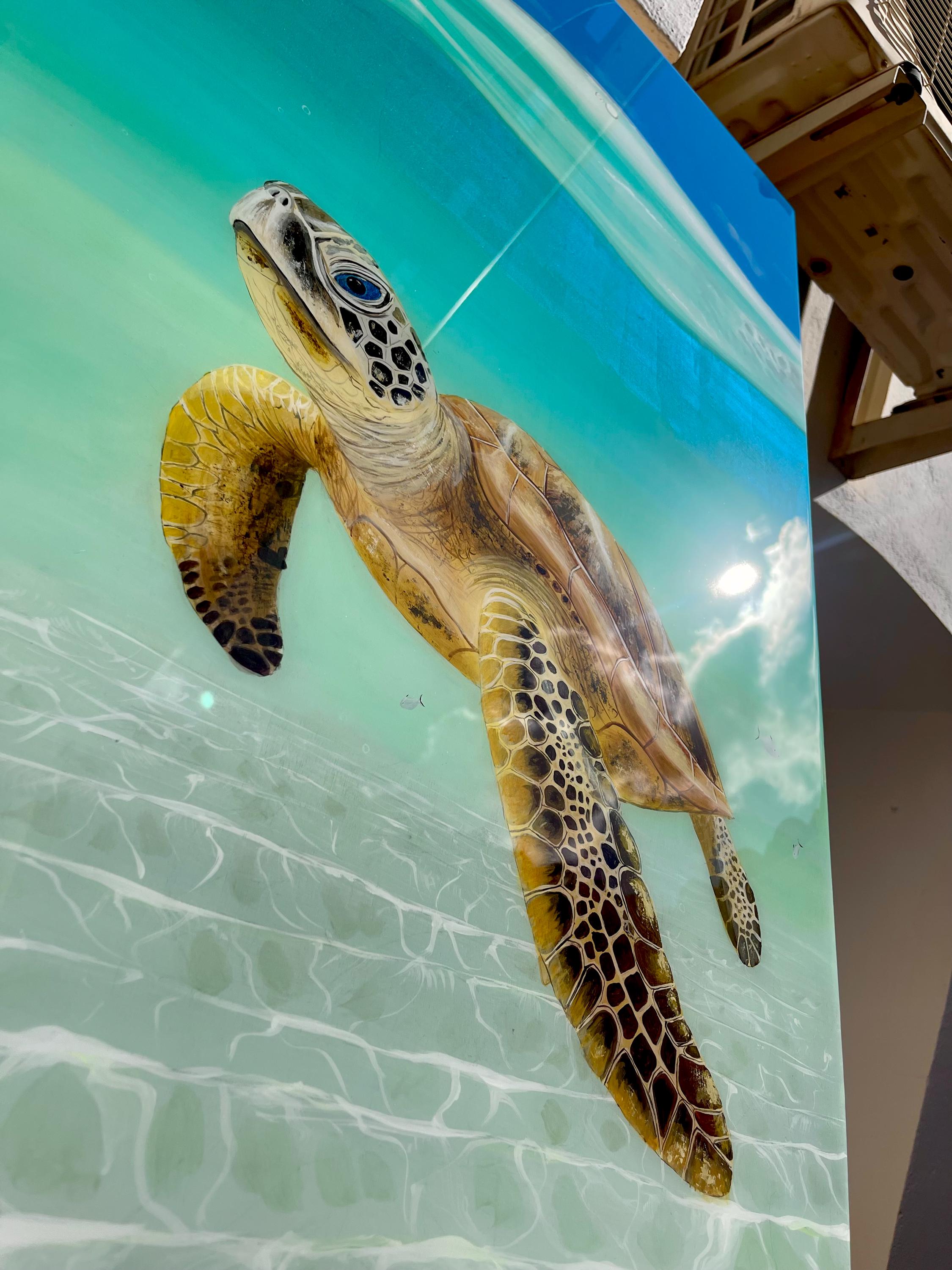 Large Sea Turtle Resin Painting: Coastal Ocean Art with Rope Frame (120x60cm), Ready to Ship