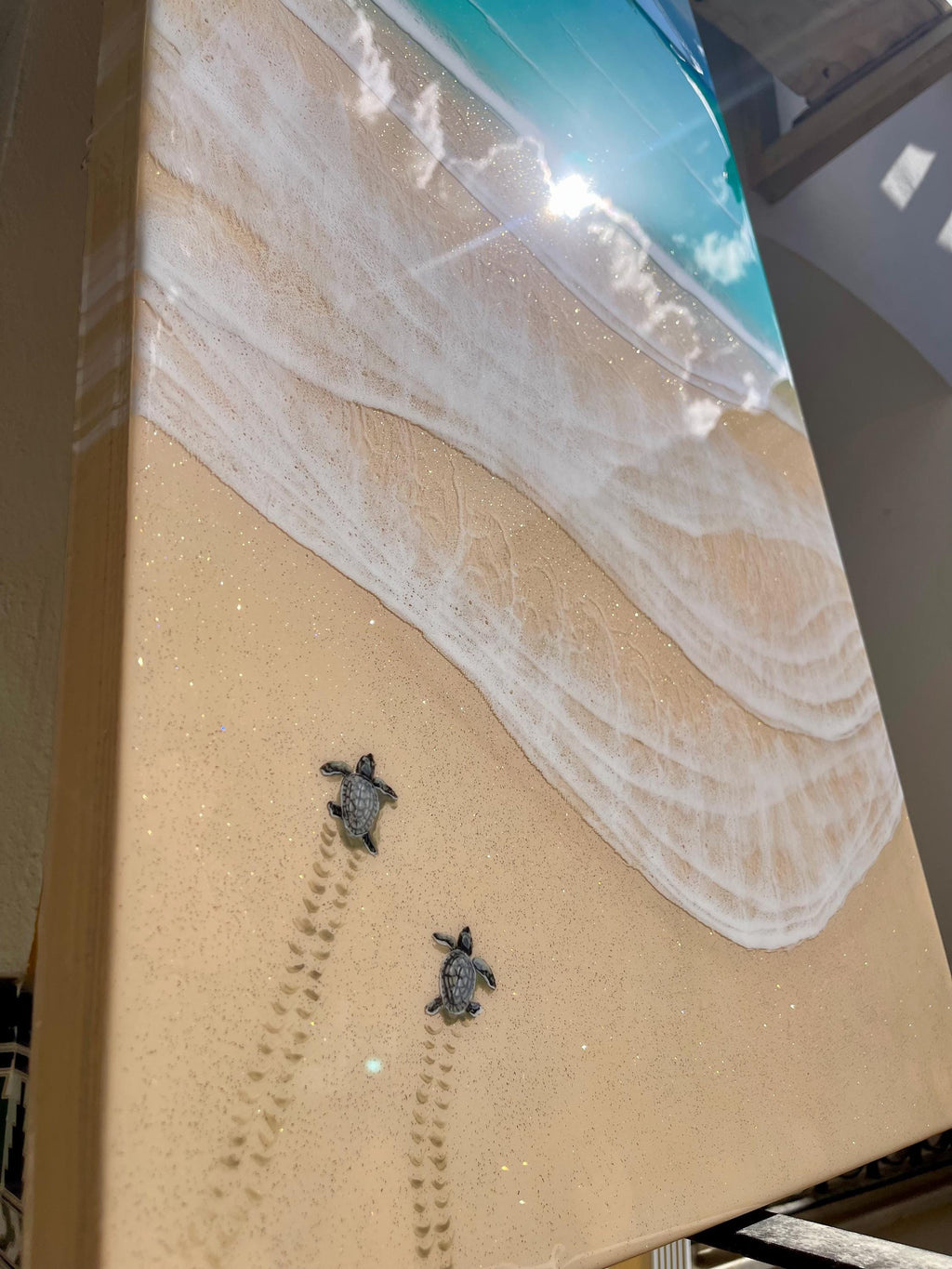 Ready to Ship Original Ocean Artwork, Sea Turtle Hatchlings Resin Painting: Coastal Ocean Art (120x60cm)