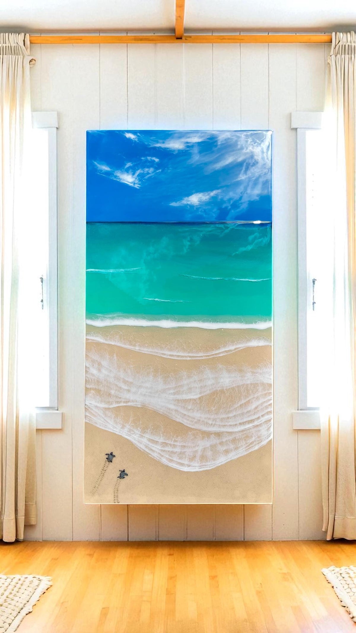 Ready to Ship Original Ocean Artwork, Sea Turtle Hatchlings Resin Painting: Coastal Ocean Art (120x60cm)