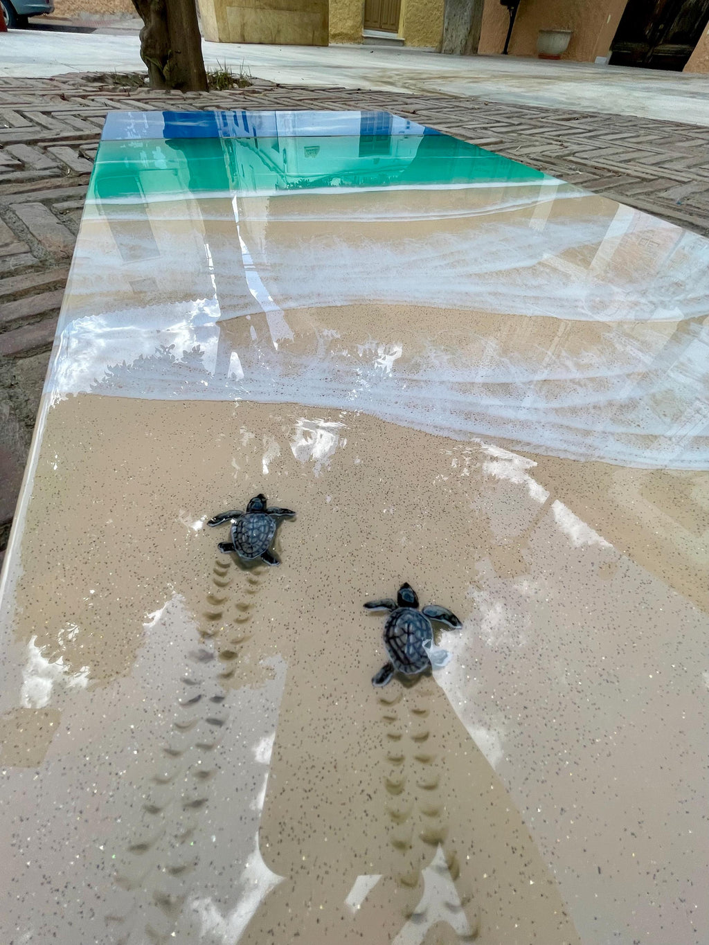 Ready to Ship Original Ocean Artwork, Sea Turtle Hatchlings Resin Painting: Coastal Ocean Art (120x60cm)