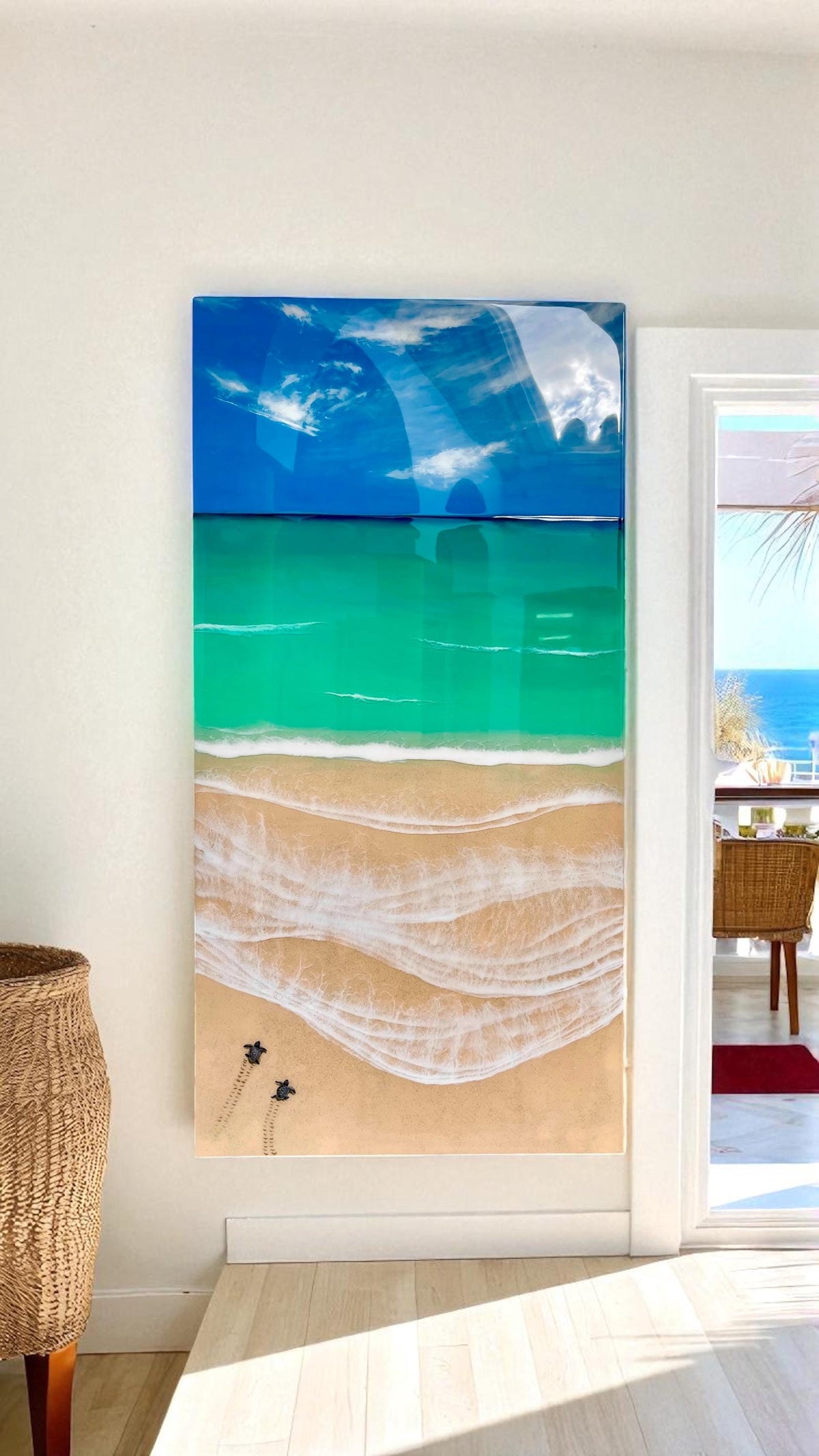 Ready to Ship Original Ocean Artwork, Sea Turtle Hatchlings Resin Painting: Coastal Ocean Art (120x60cm)