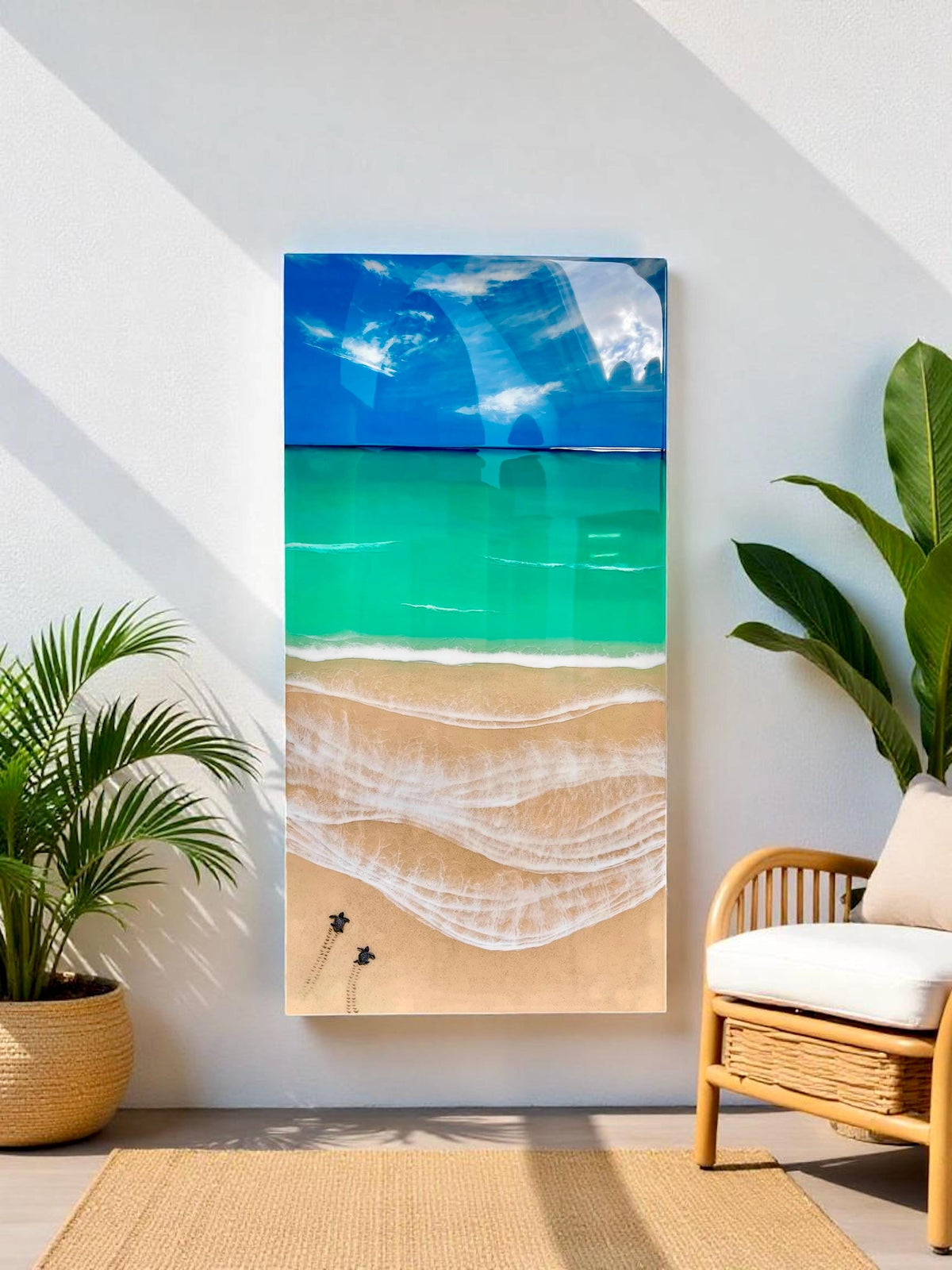 Ready to Ship Original Ocean Artwork, Sea Turtle Hatchlings Resin Painting: Coastal Ocean Art (120x60cm)
