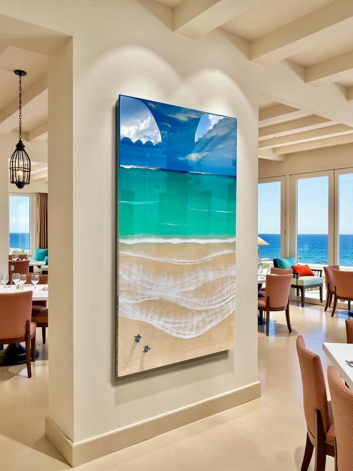 Ready to Ship Original Ocean Artwork, Sea Turtle Hatchlings Resin Painting: Coastal Ocean Art (120x60cm)