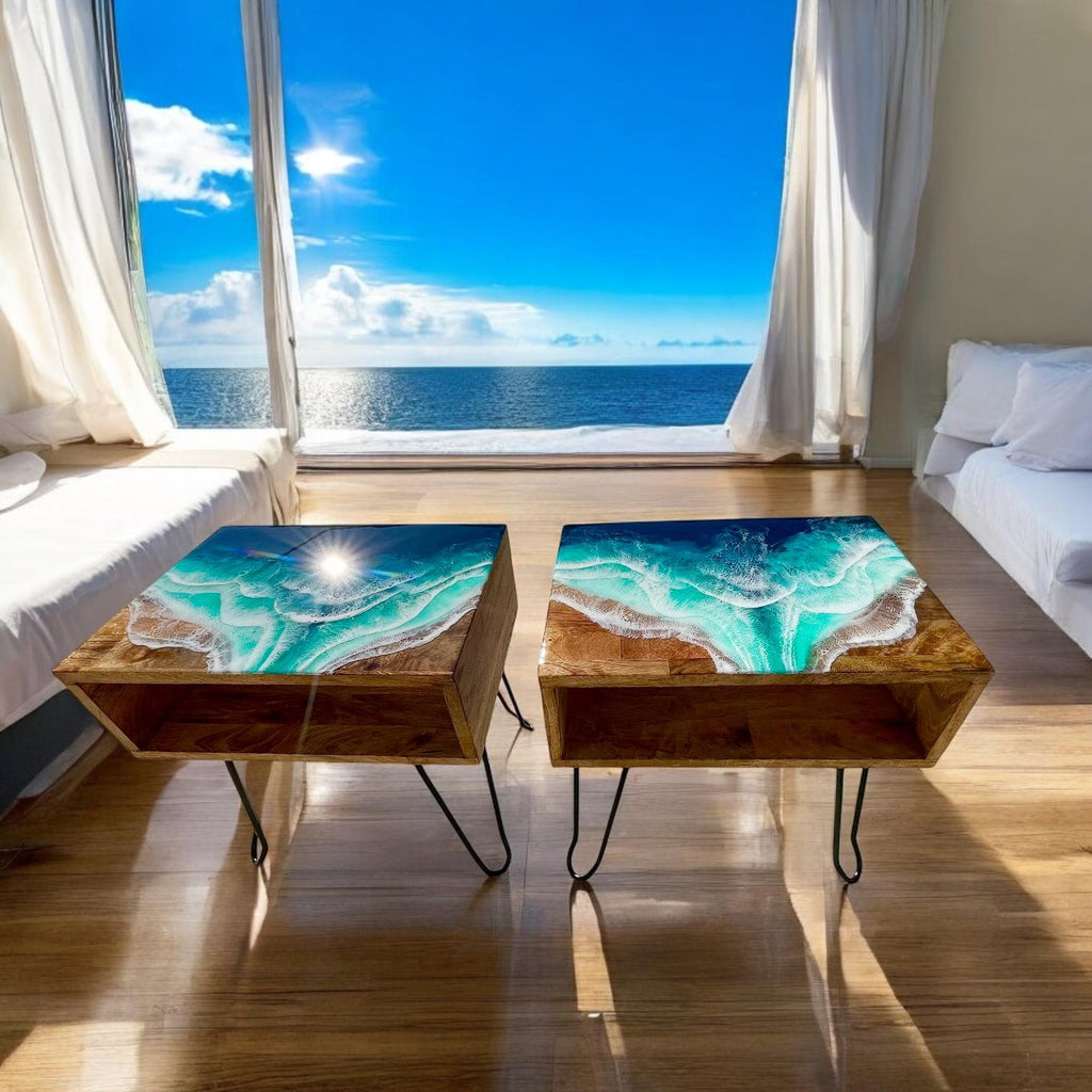 Set of 2 Handmade Ocean Resin Side Tables: Coastal Beach House Decor