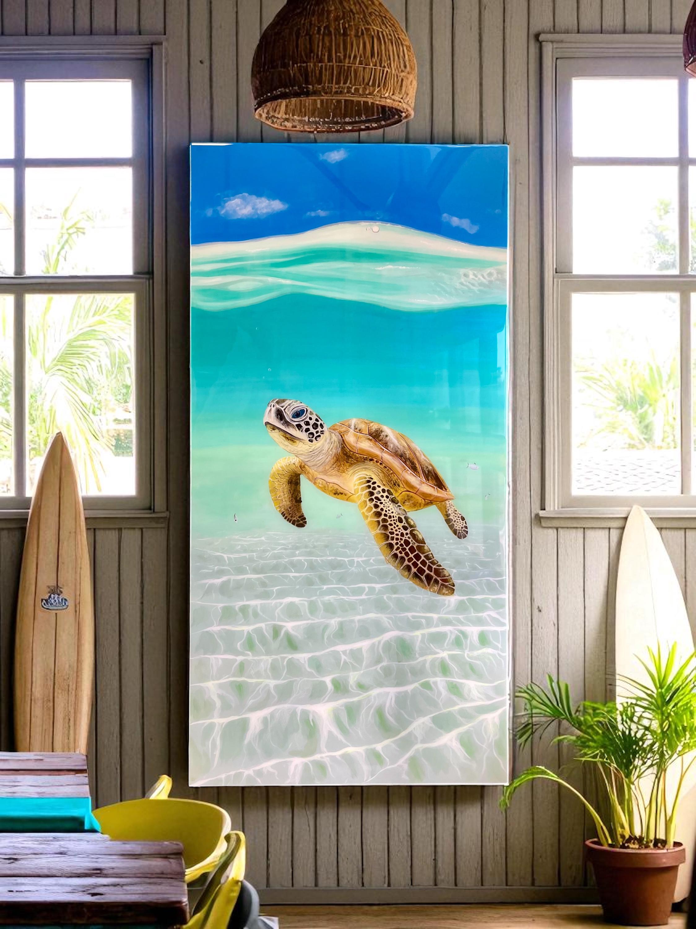 Large Sea Turtle Resin Painting: Coastal Ocean Art with Rope Frame (120x60cm), Ready to Ship